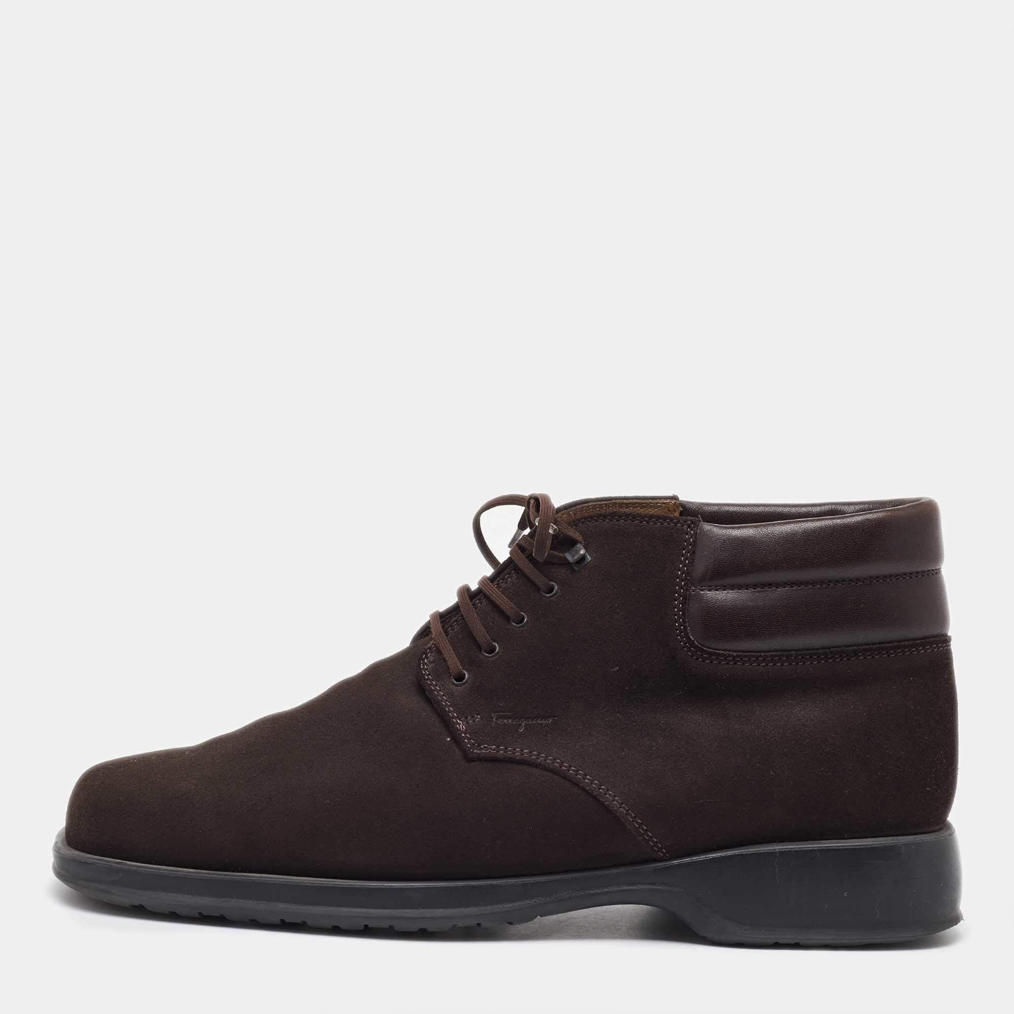 Salvatore Ferragamo Dark Brown Suede Lace Up Mid Sneakers Size 41.5