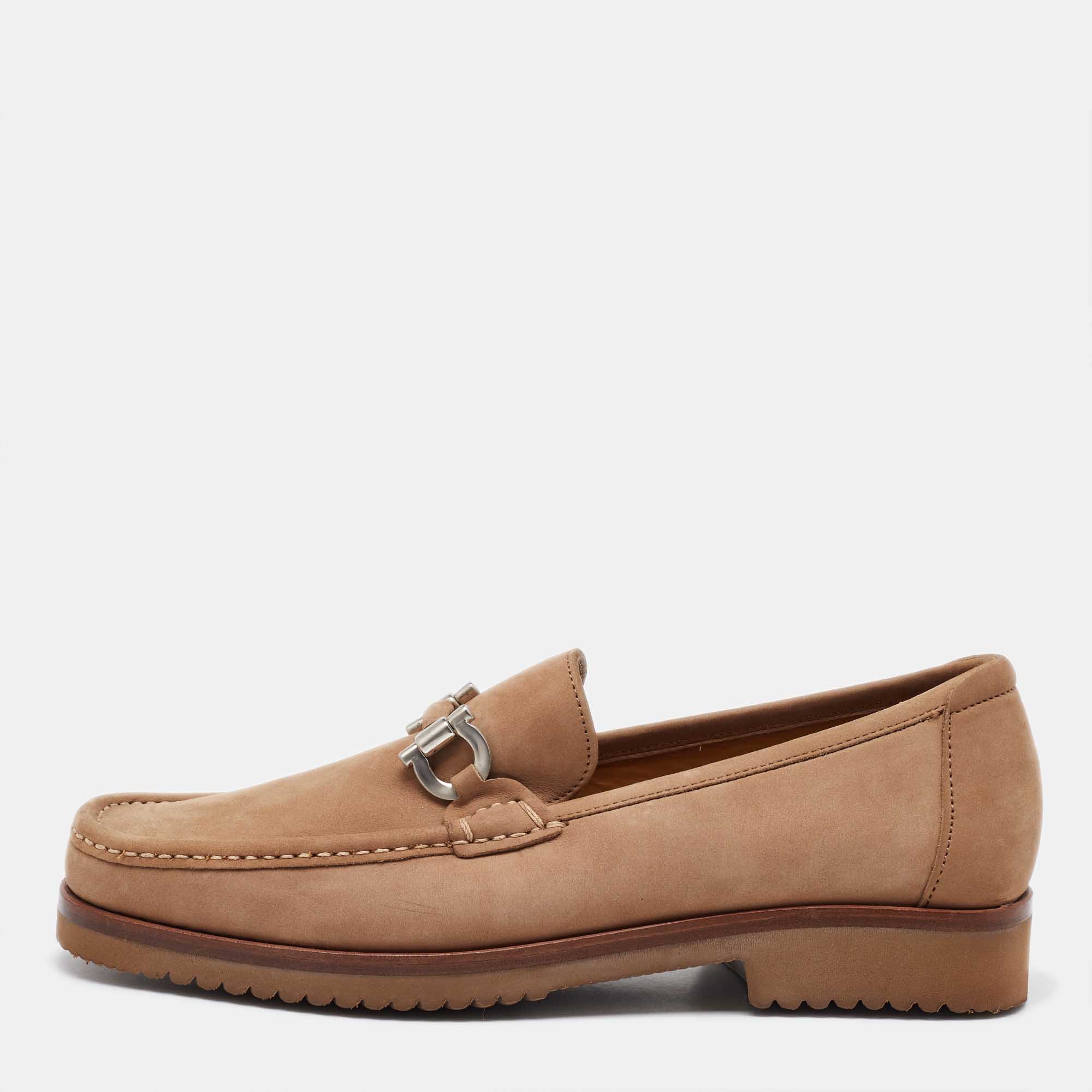 Pre Owned Salvatore Ferragamo Brown Nubuck Leather Gancini Loafers Size 41.5