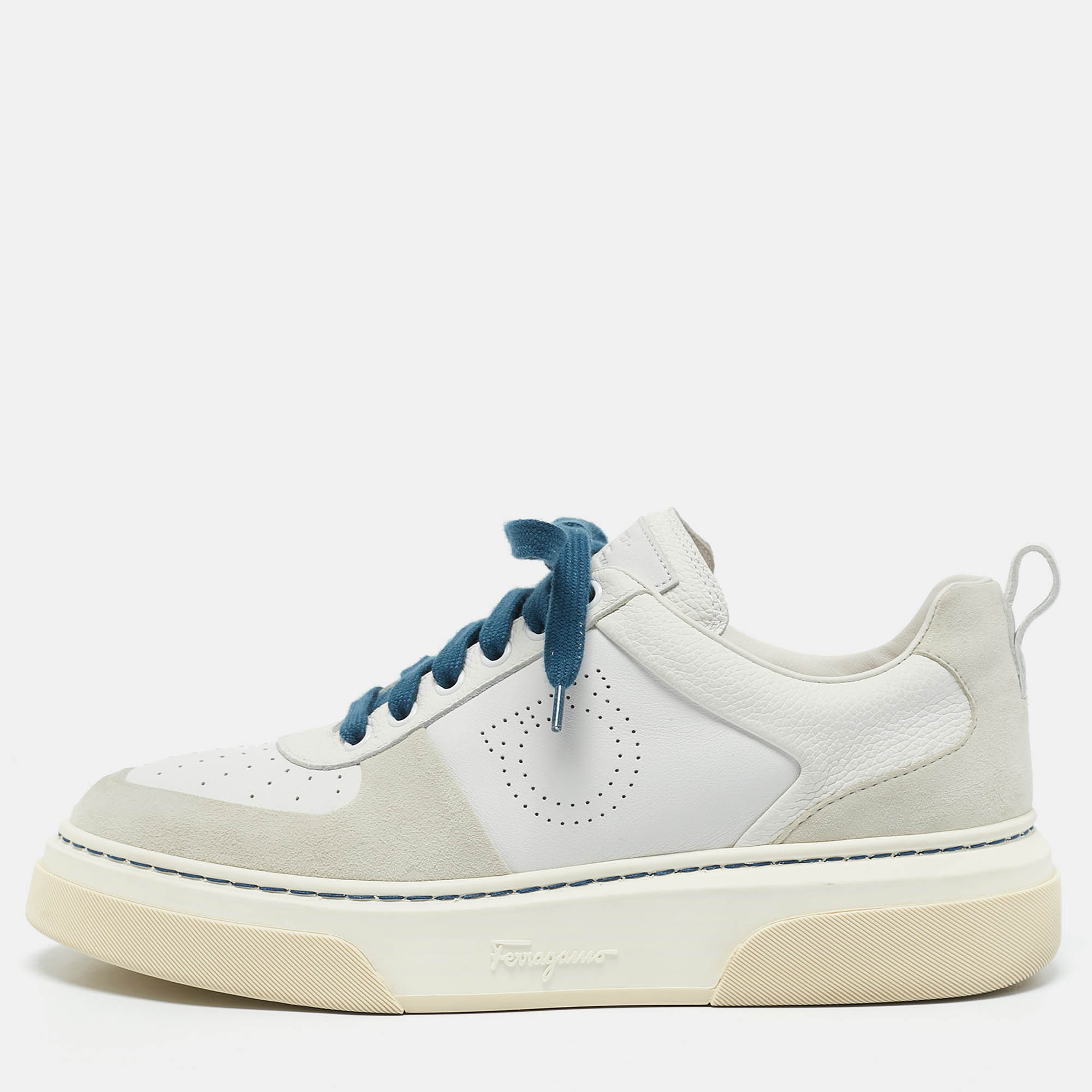 Pre Owned Salvatore Ferragamo White Leather and Suede Cassina Sneakers Size 41.5