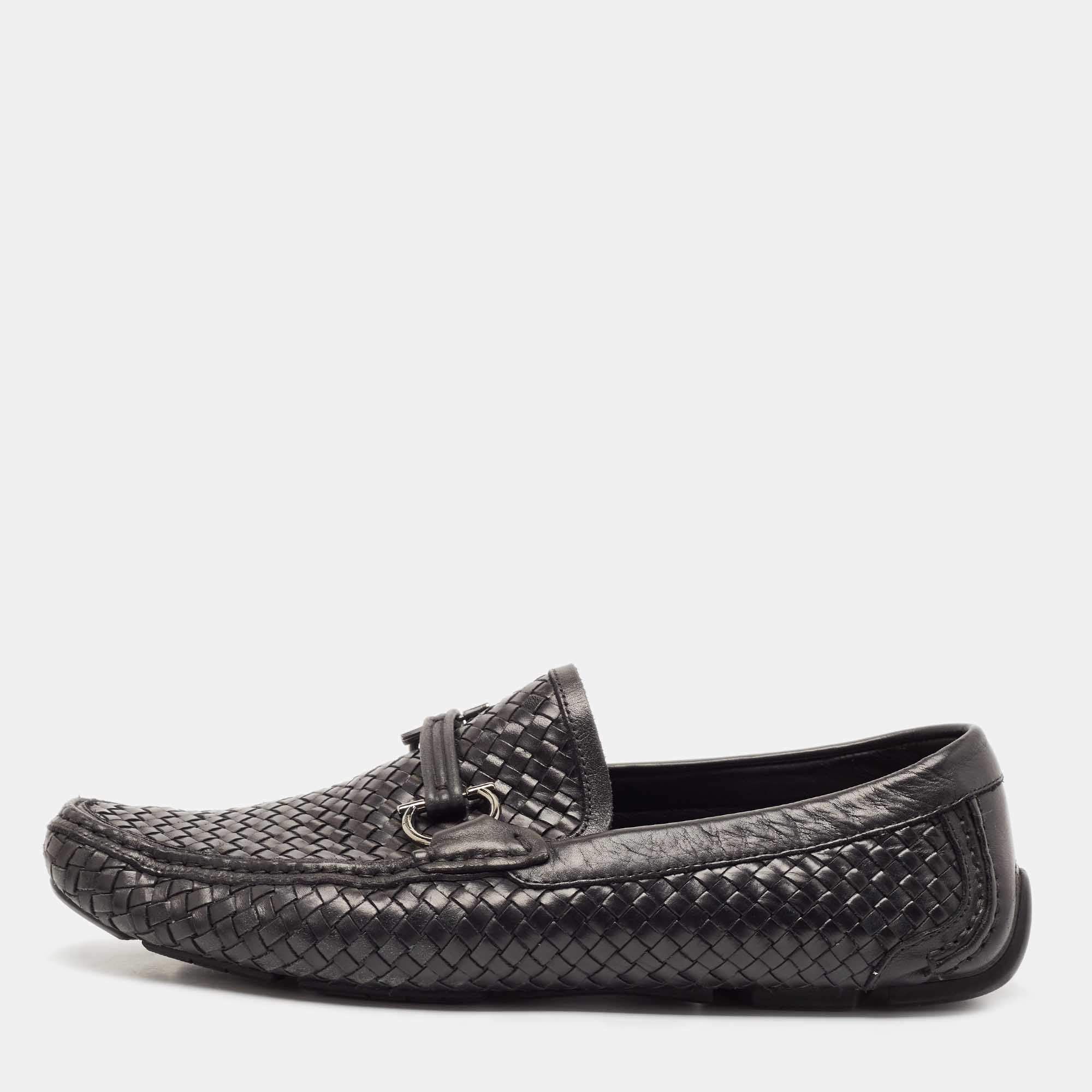 Salvatore Ferragamo Black Woven Leather Parigi Gancio Bit Loafers Size 43