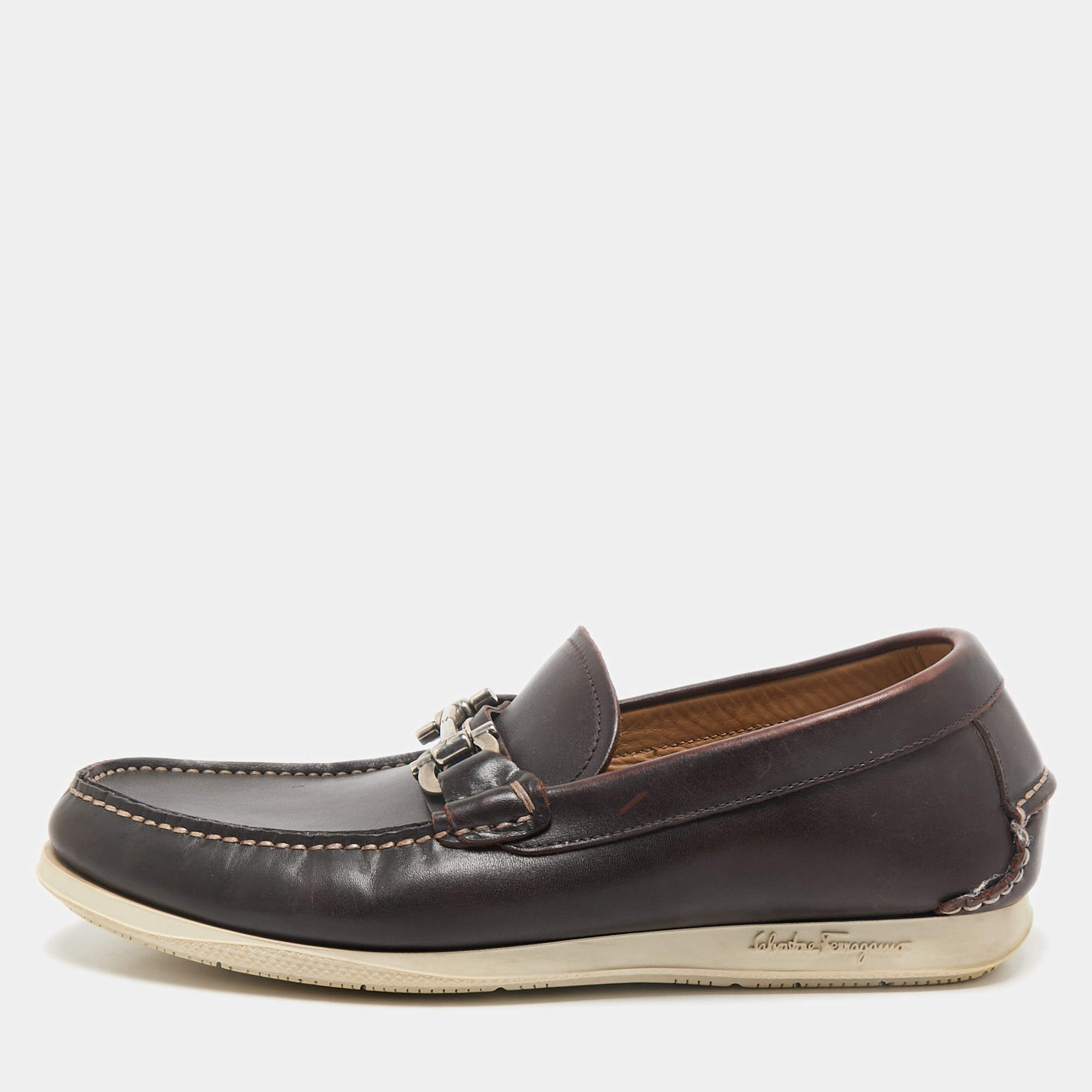 Salvatore Ferragamo Brown Leather Gancini Slip On Loafers Size 41