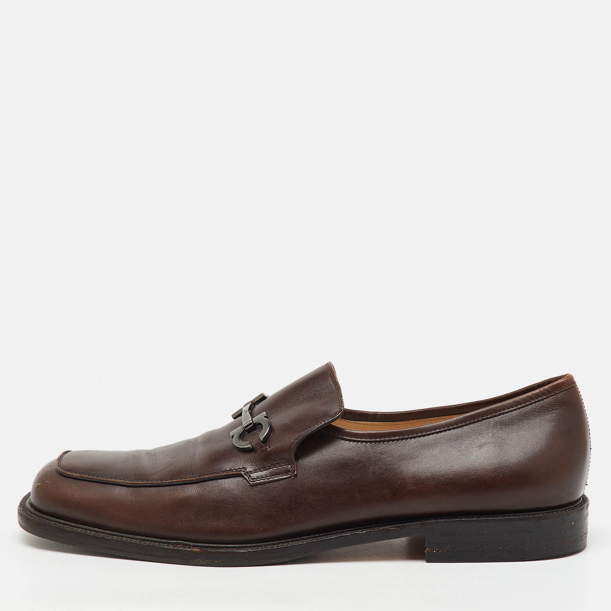 Pre Owned Salvatore Ferragamo Dark Brown Leather Gancini Slip On Loafers Size 46