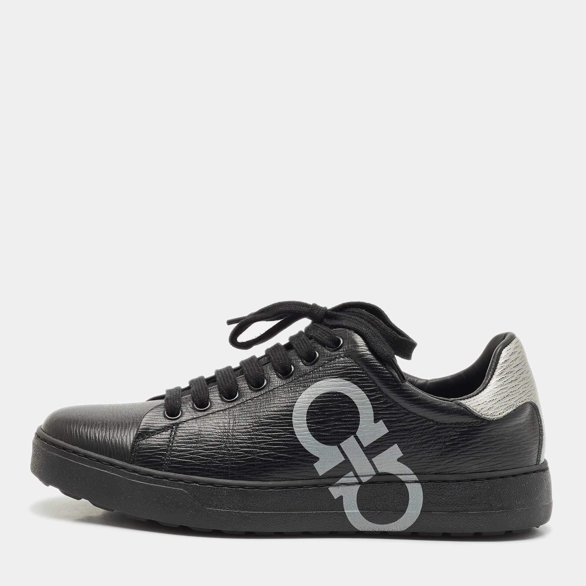 Salvatore Ferragamo Black/Silver Leather Gancini Lace Up Sneakers Size 40