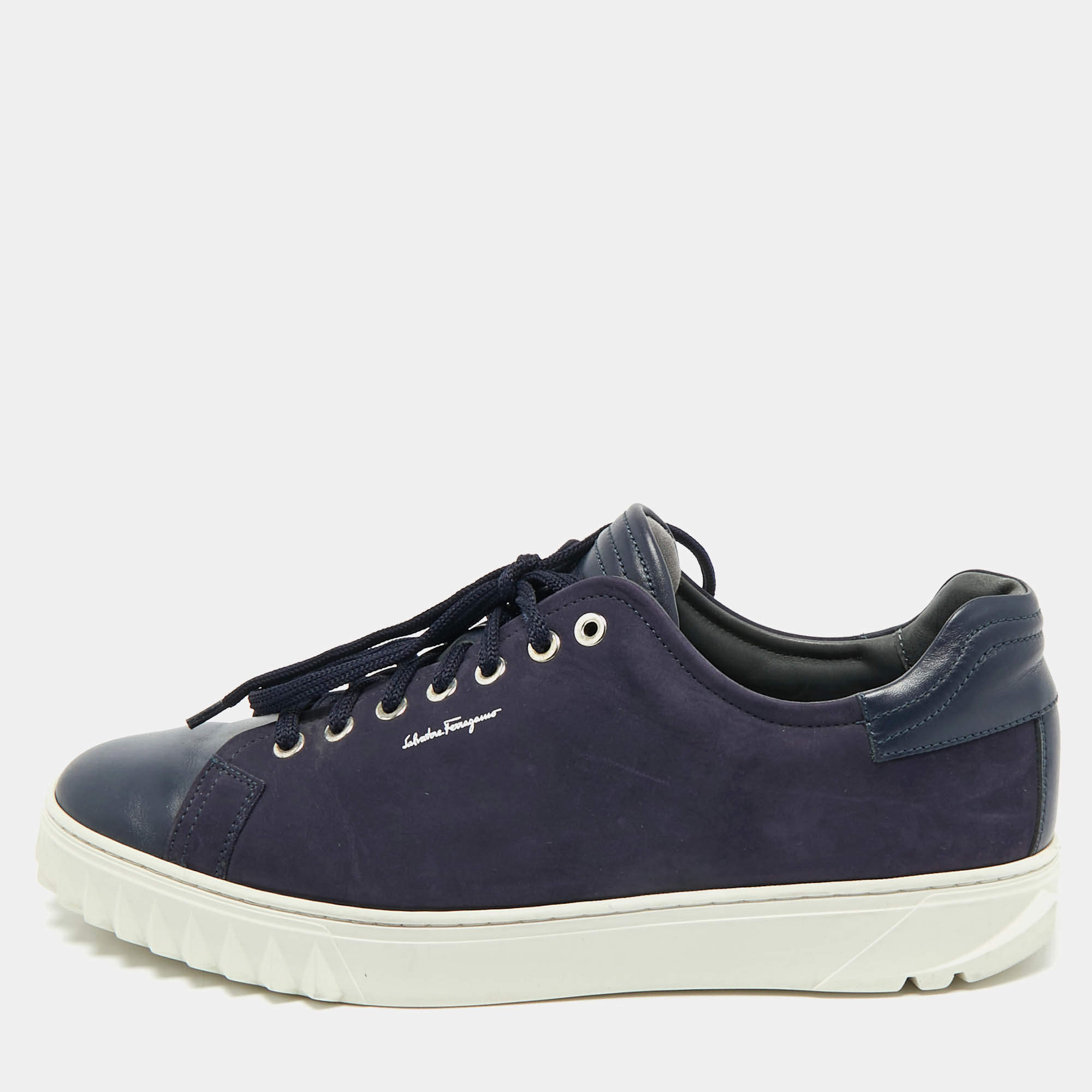 Salvatore Ferragamo Navy Blue Leather and Nubuck Leather  Low Top Sneakers Size 43.5