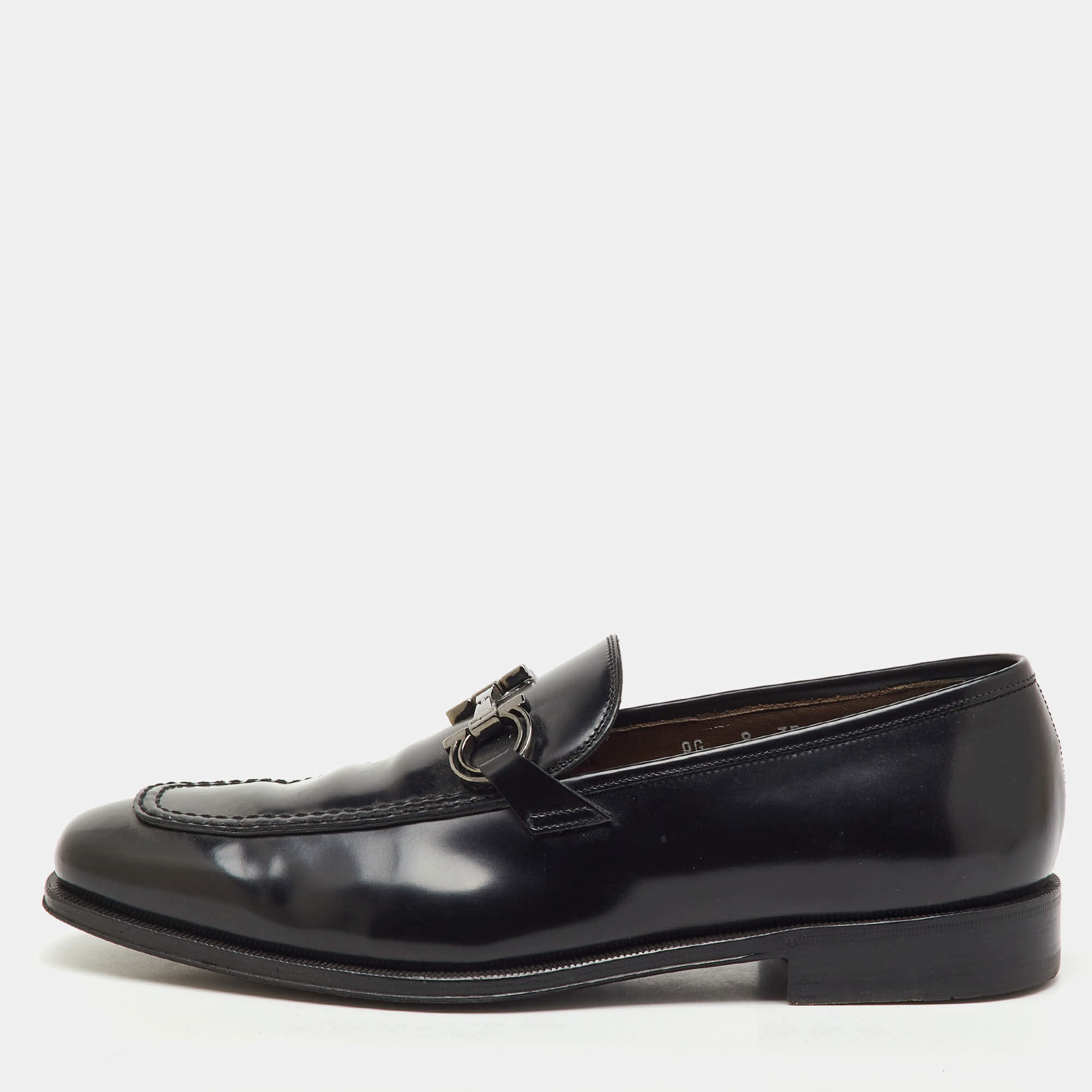 Pre Owned Salvatore Ferragamo Black Leather Gancini Slip On Loafers Size 42