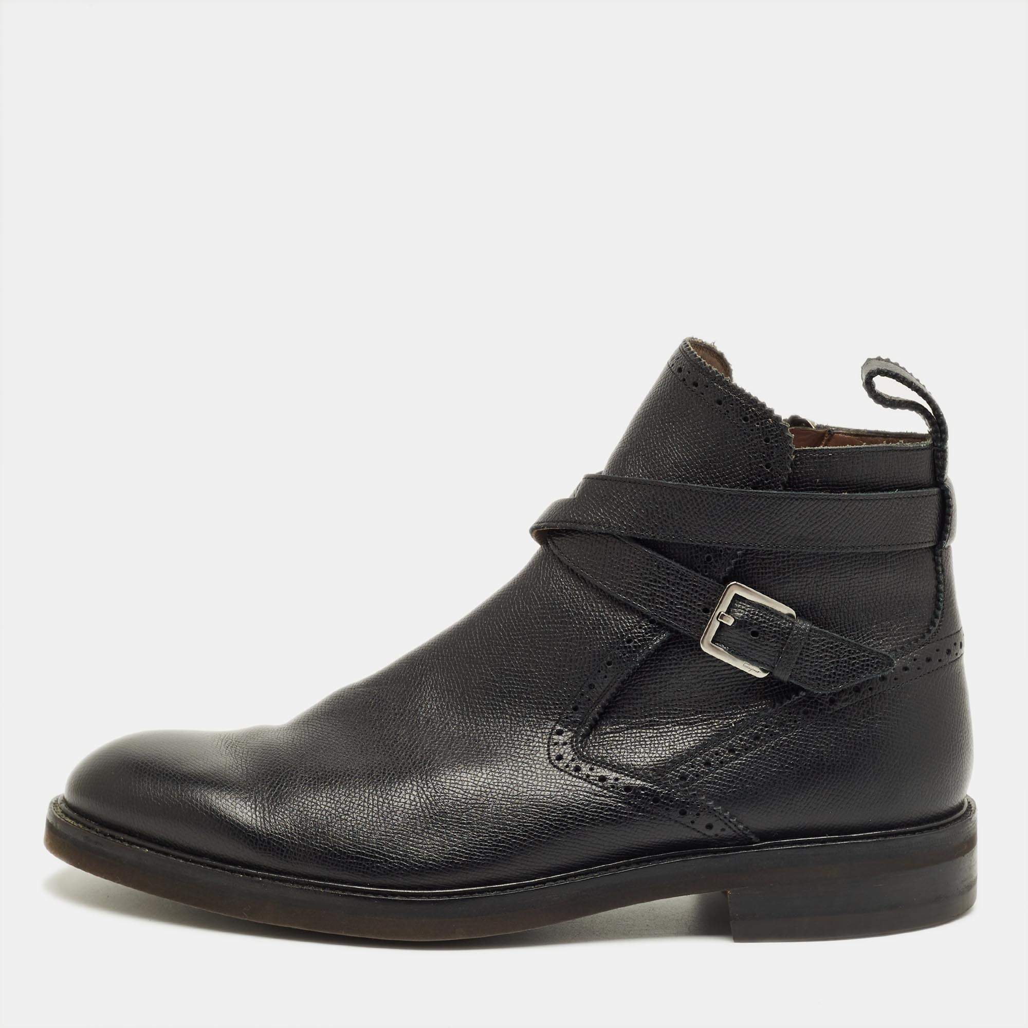 Pre Owned Salvatore Ferragamo Black Leather Buckle Knee Length Boots Size 44.5