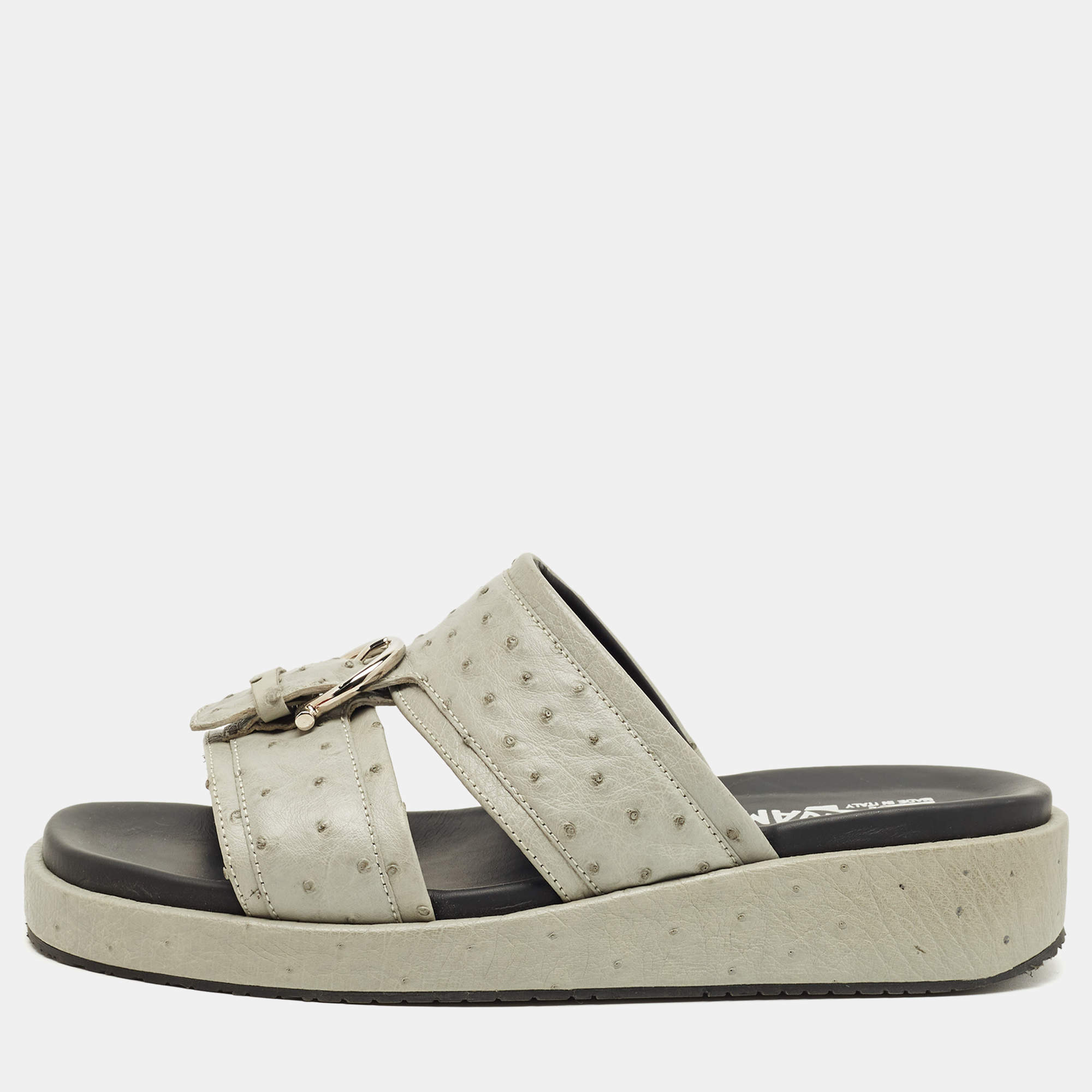 Pre Owned Salvatore Ferragamo Grey Ostrich Lutfi Platform Slide Sandals Size 40.5