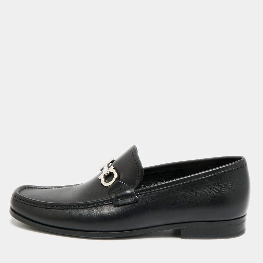 Pre Owned Salvatore Ferragamo Gancini Size 44.5 Black Leather Loafers