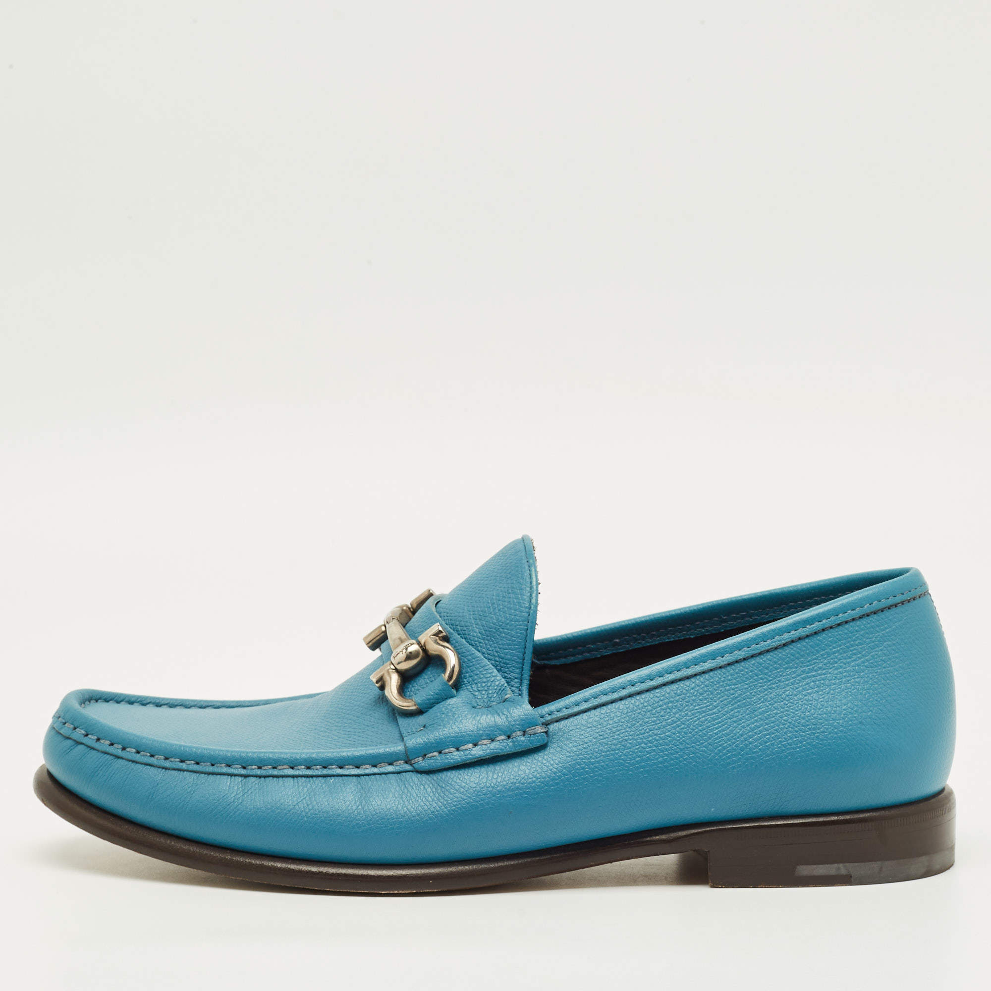 Pre Owned Salvatore Ferragamo Gancini Bit Size 42.5 Blue Leather Loafers