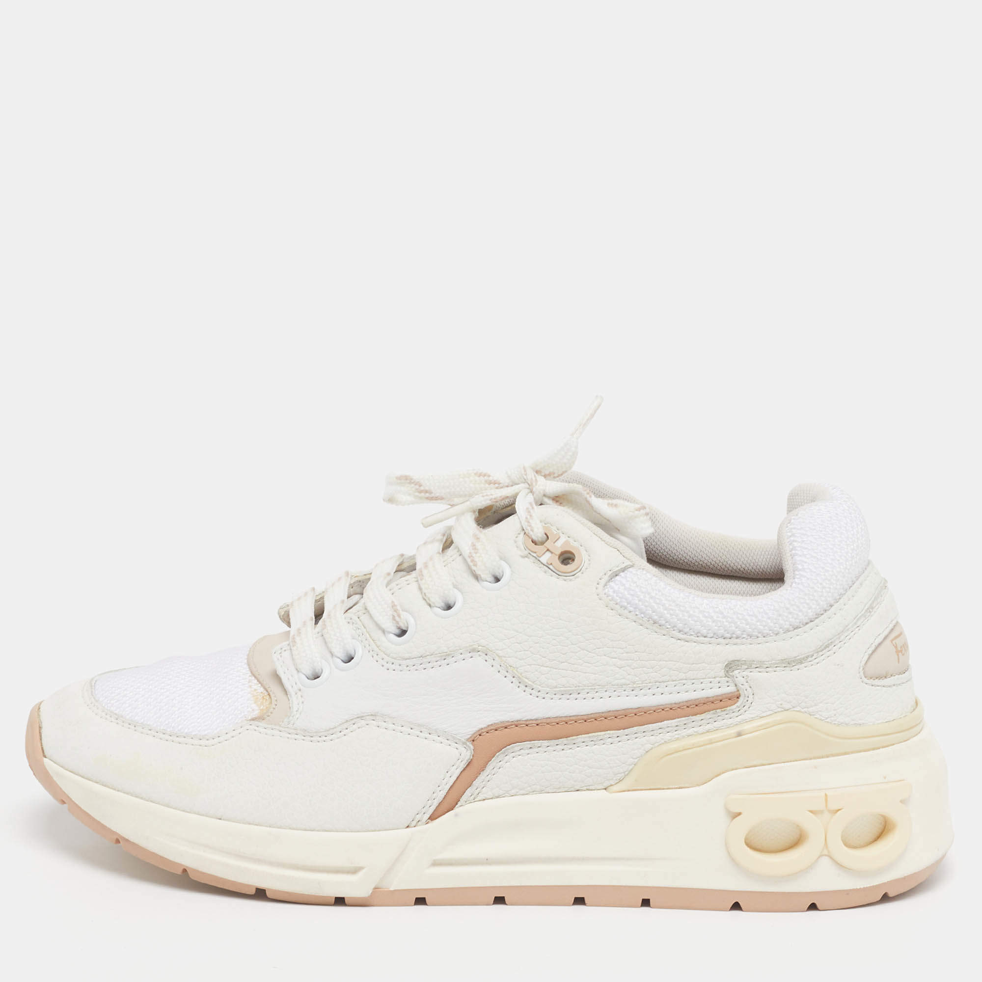 Pre Owned Salvatore Ferragamo Cosma Size 41.5 White Leather and Mesh Lace Up Sneakers