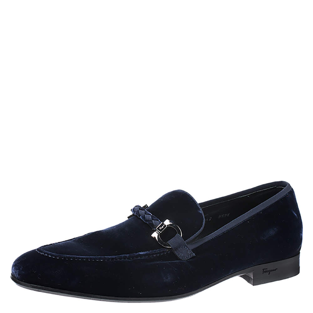 حذاء لوفرز سالفاتوري فيراغامو "لورد 2" مزين بهورسبيت قطيفة أزرق مقاس 43.5