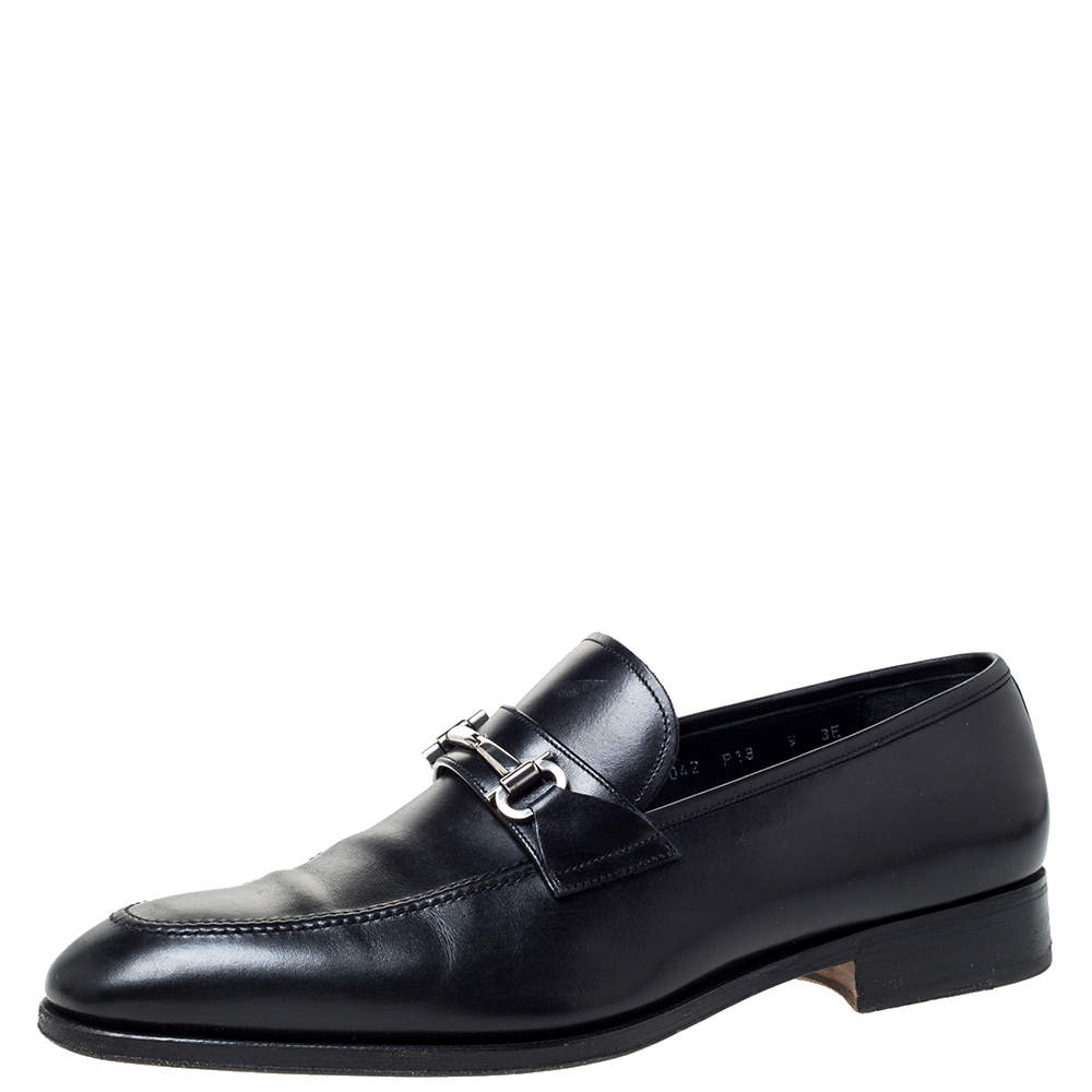 Salvatore Ferragamo Black Leather Horsebit Slip On Loafers Size 43 