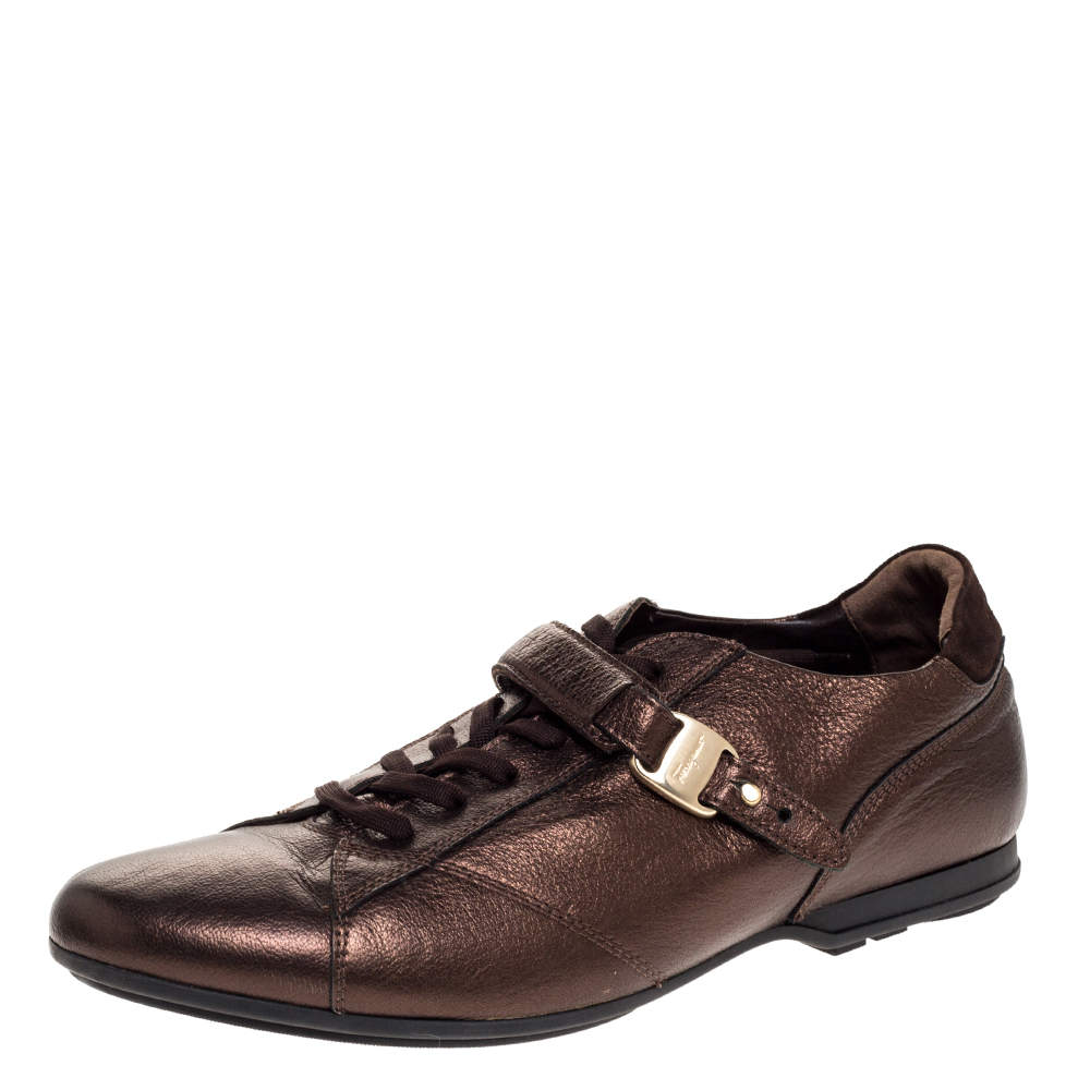 Salvatore Ferragamo Metallic Bronze Leather Low Top Sneakers Size 44