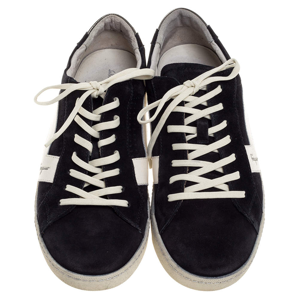 Salvatore Ferragamo Black/White Leather and Suede Low Top Sneakers