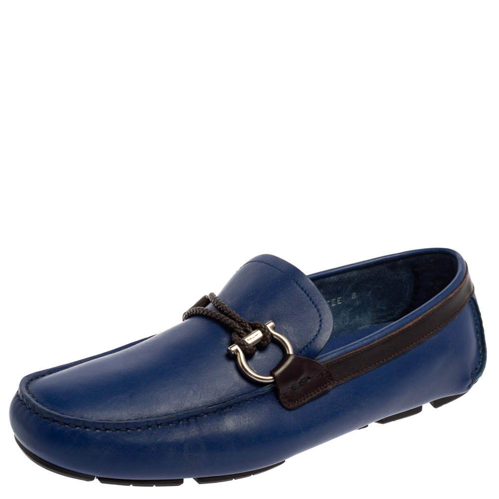 Pre Owned Salvatore Ferragamo Blue Leather Gancini Bit Slip On Loafers Size 42