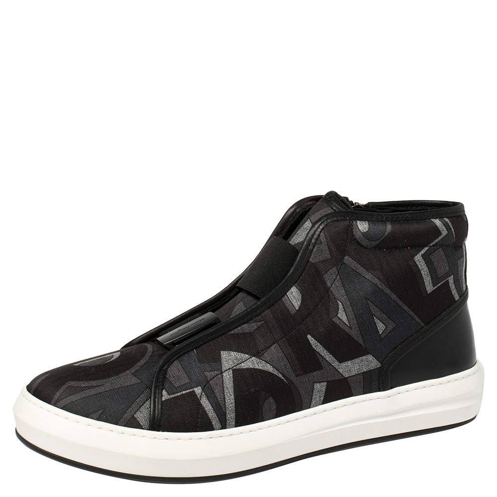 Salvatore Ferragamo Black Printed Canvas And Leather High Top Sneakers Size 44.5