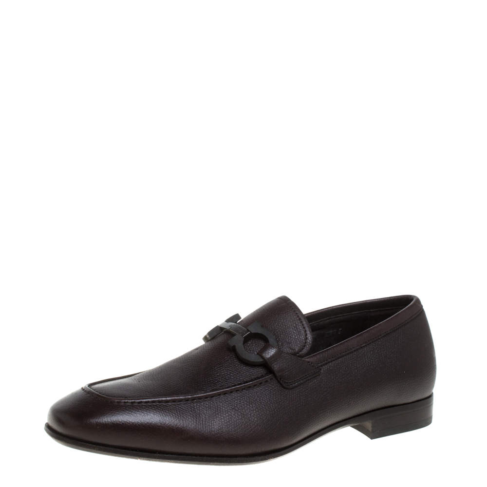 Salvatore Ferragamo Dark Brown Leather Double Gancio Loafers Size 40.5