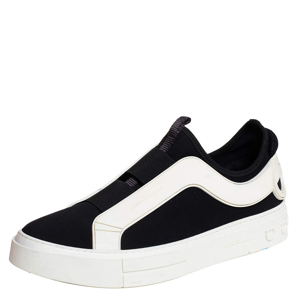 Salvatore Ferragamo Black/White Fabric And Rubber Answer Slip On Sneakers Size 44