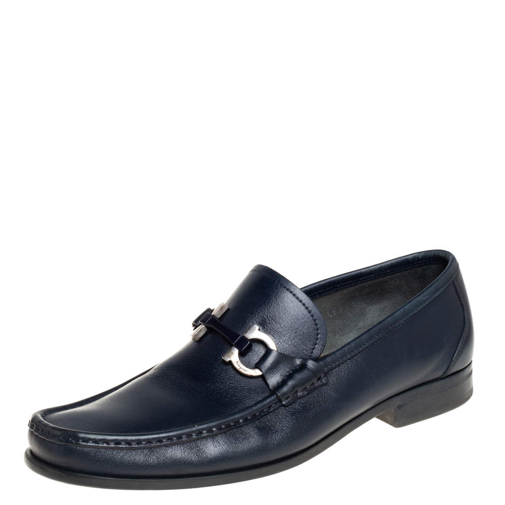 Salvatore Ferragamo Blue Leather Parigi Gancini Loafers Size 42.5