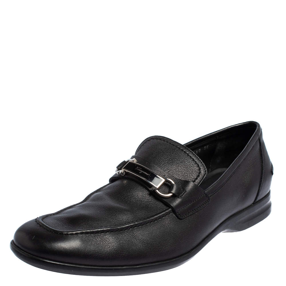 Salvatore Ferragamo Black Leather Gancini Slip On Loafers Size 44