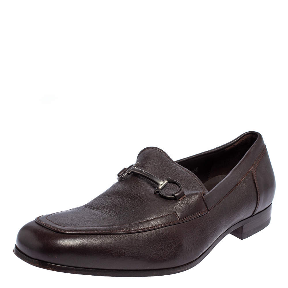 Pre Owned Salvatore Ferragamo Dark Brown Leather Gancini Bit Slip On Loafers Size 43.5 