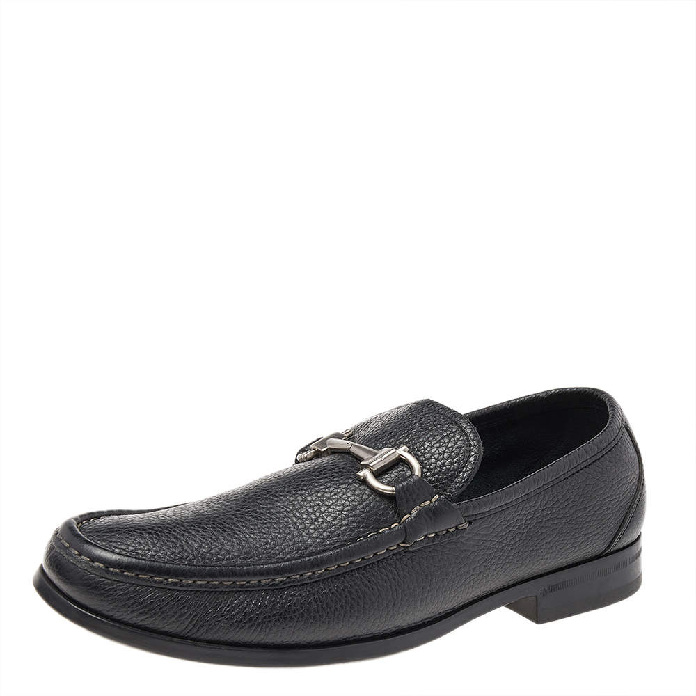 Pre Owned Salvatore Ferragamo Black Leather Gancini Slip On Loafers Size 41