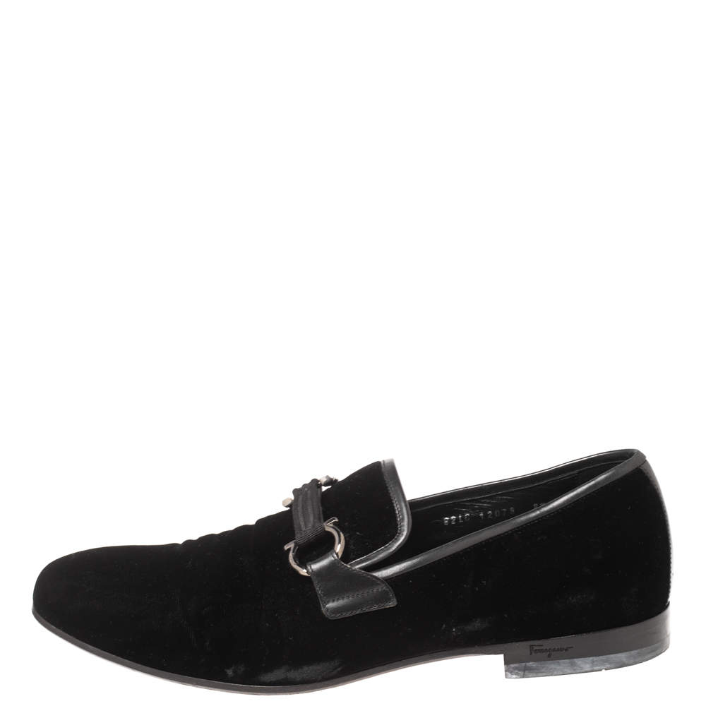 Salvatore Ferragamo Black Velvet Gancini Bit Slip On Loafers
