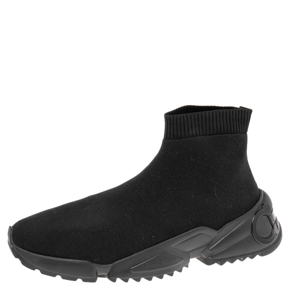 Pre Owned Salvatore Ferragamo Black Knit Fabric Gancini Sock Sneakers Size 45