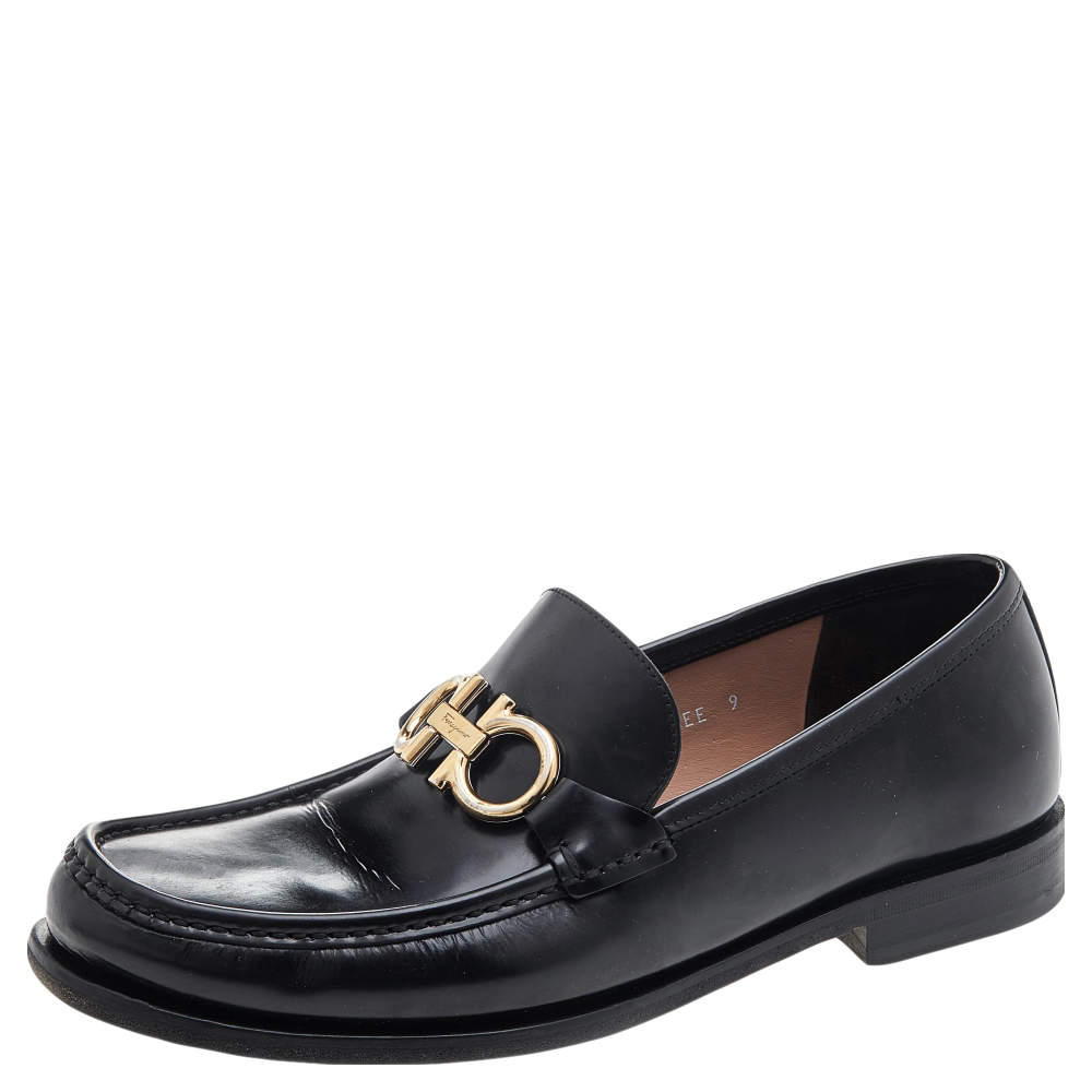 Pre Owned Salvatore Ferragamo Black Leather Gancini Bit Loafers Size 43