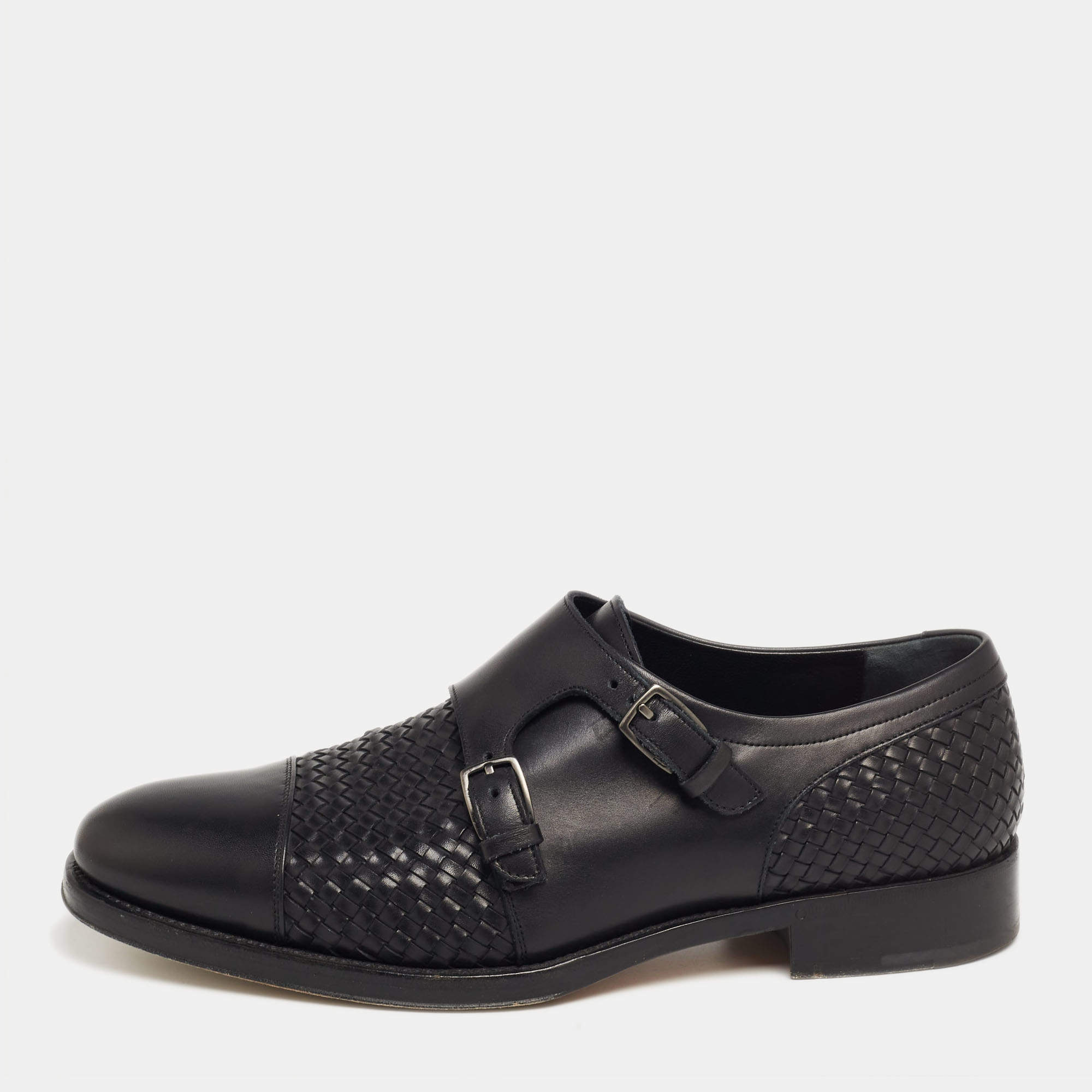 Pre Owned Salvatore Ferragamo Black Leather Tramezza Double-Monk Loafers Size 43