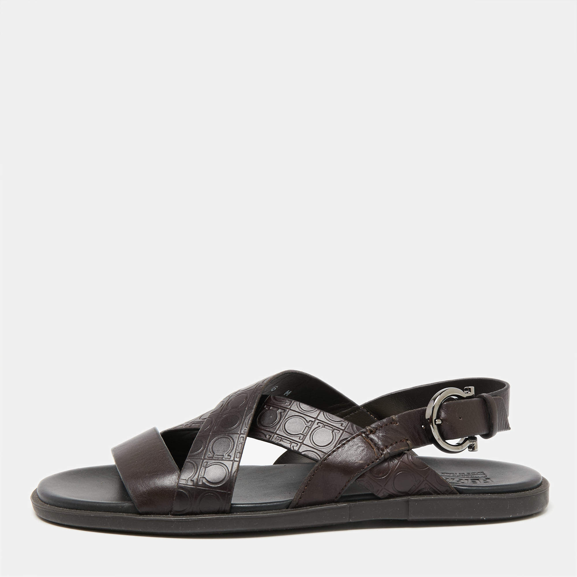 Salvatore Ferragamo Dark Brown Gancini Embossed Leather Cross Strap Sandals Size 40