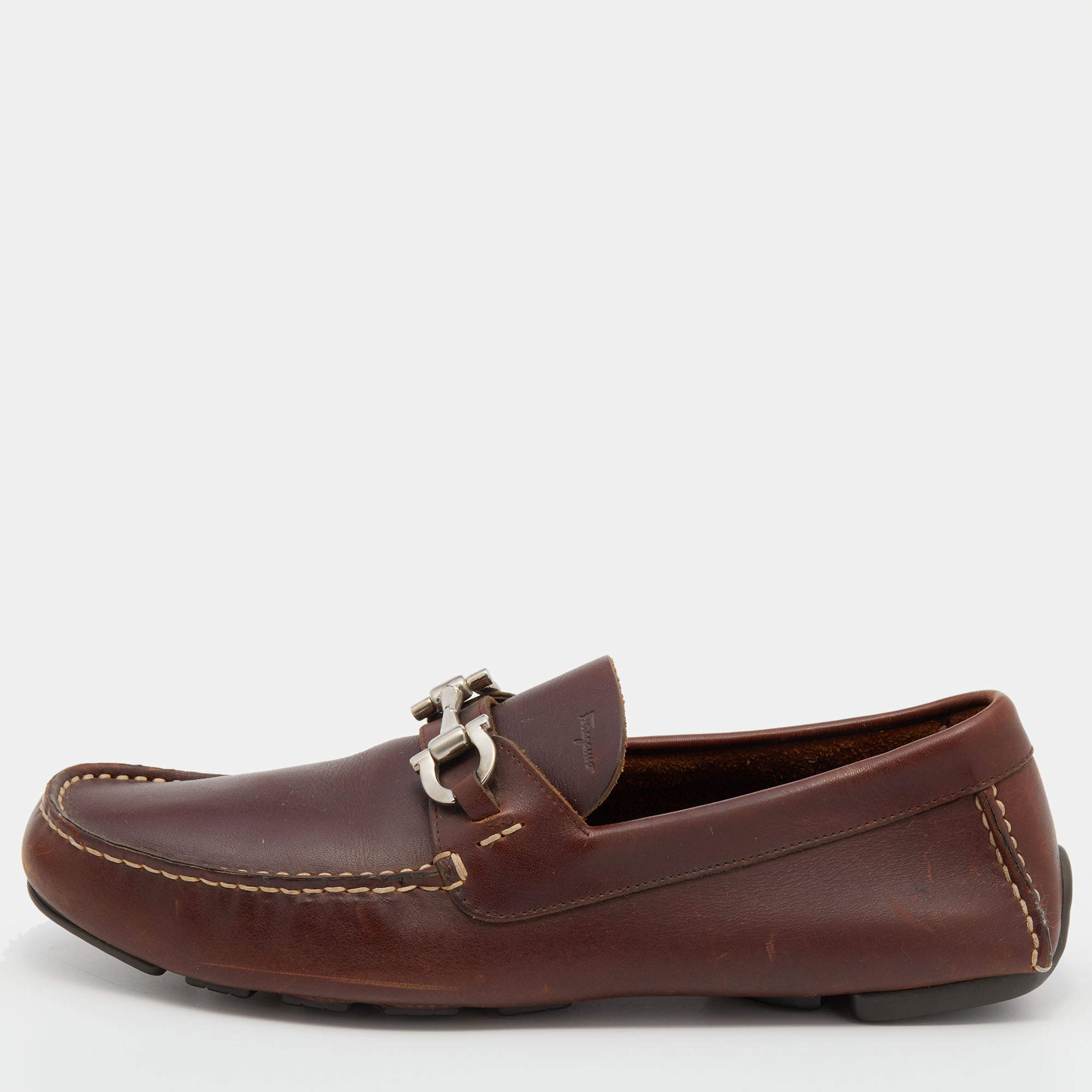 Pre Owned Salvatore Ferragamo Brown Leather Parigi Gancini Slip On Loafers Size 42