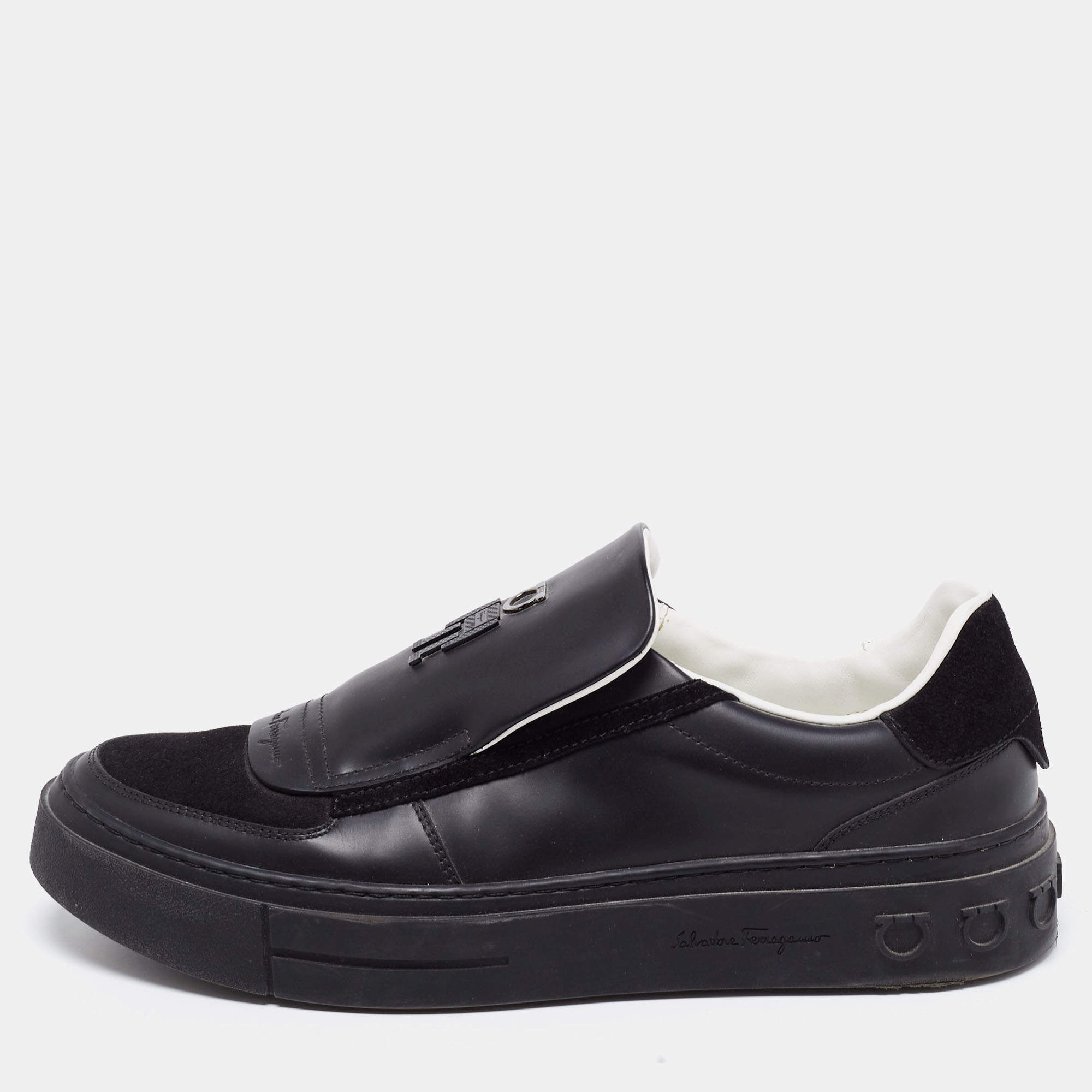 Pre Owned Salvatore Ferragamo Black Leather and Suede Low Top Sneakers Size 40