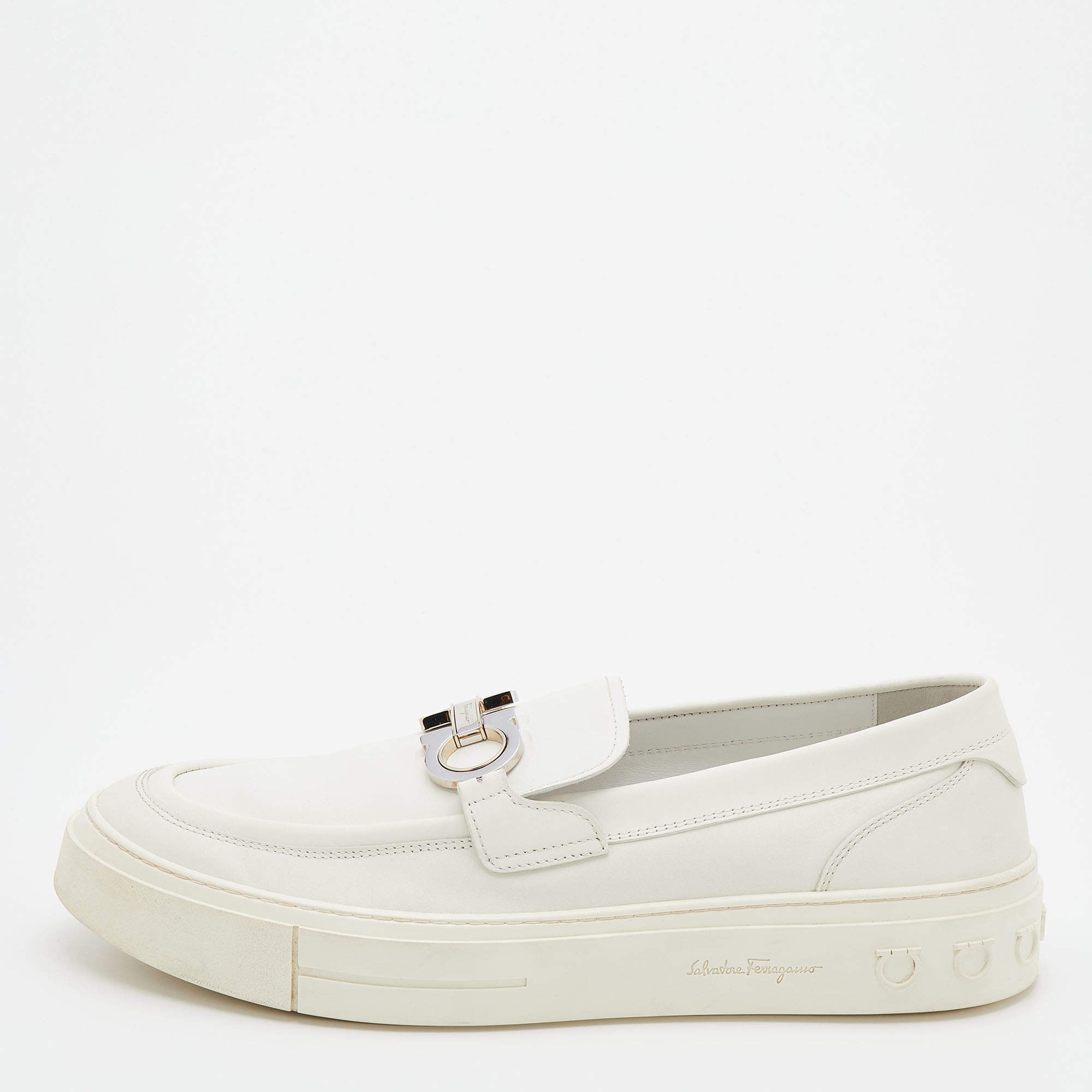 Pre Owned Salvatore Ferragamo White Leather Gancini Slip On Sneakers Size 44.5