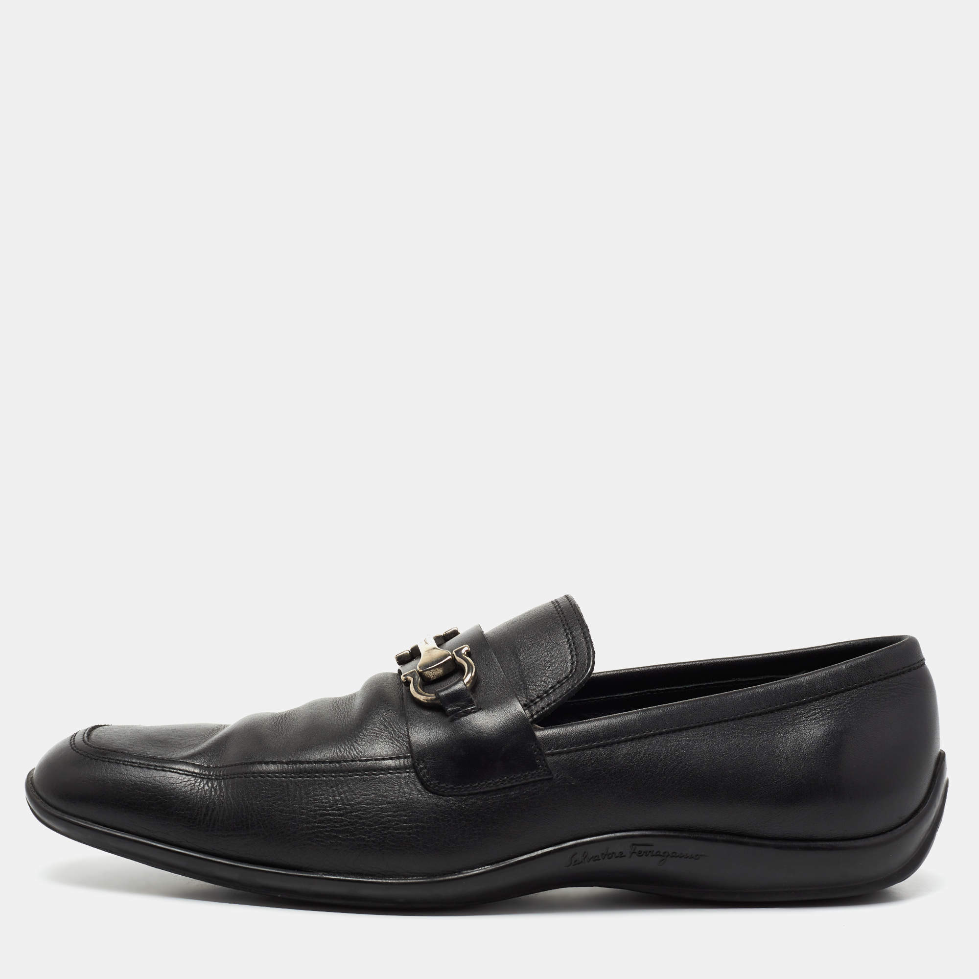 Pre Owned Salvatore Ferragamo Black Leather Gancini Slip On Loafers Size 44.5