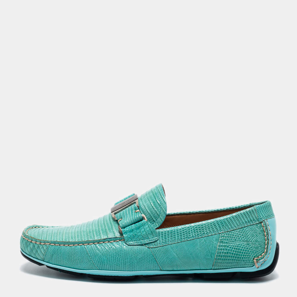Pre Owned Salvatore Ferragamo Green Lizard Leather Sardegna Loafers Size 41