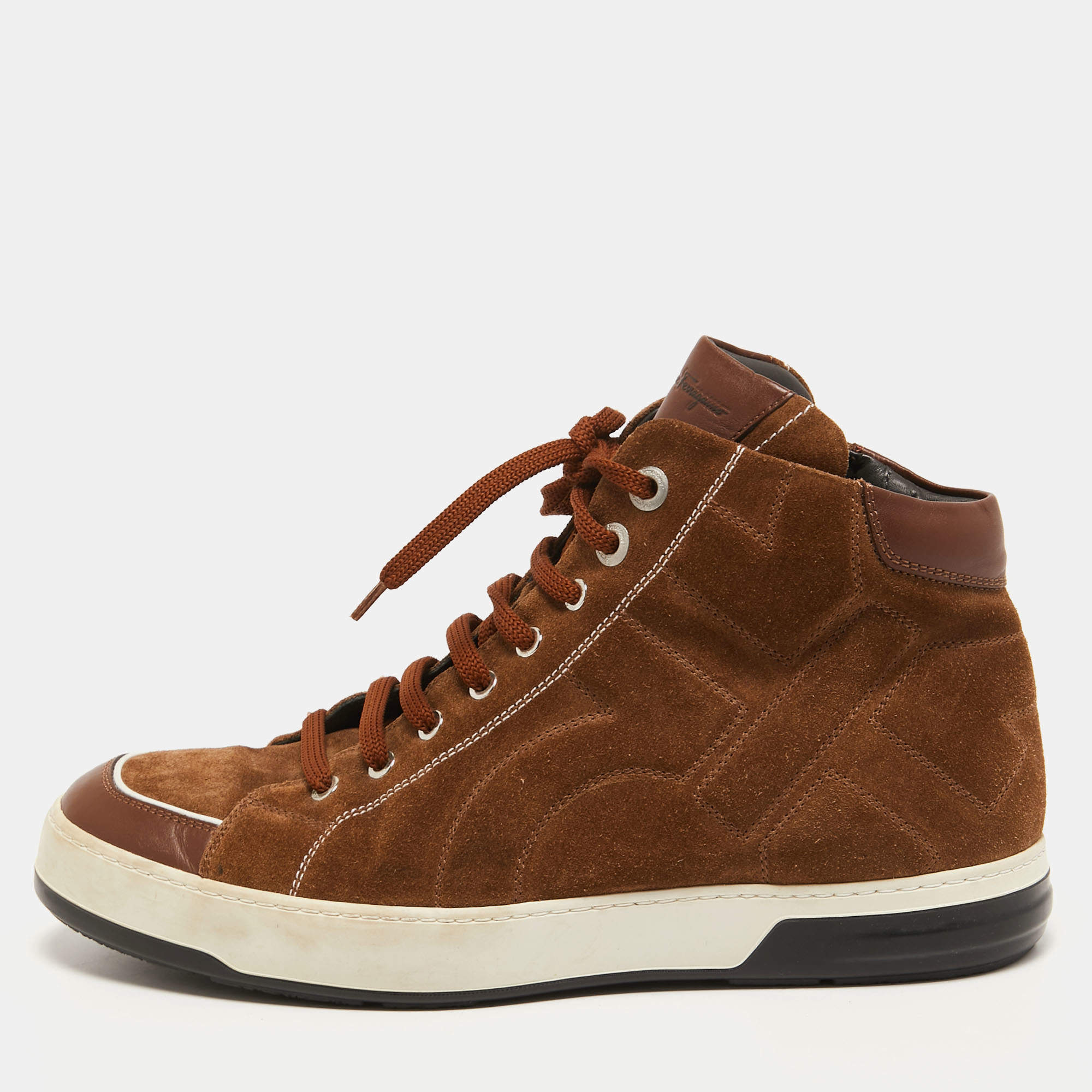 مملوكة مسبقًا Salvatore Ferragamo Brown Leather and Suede High Top Sneakers Size 43