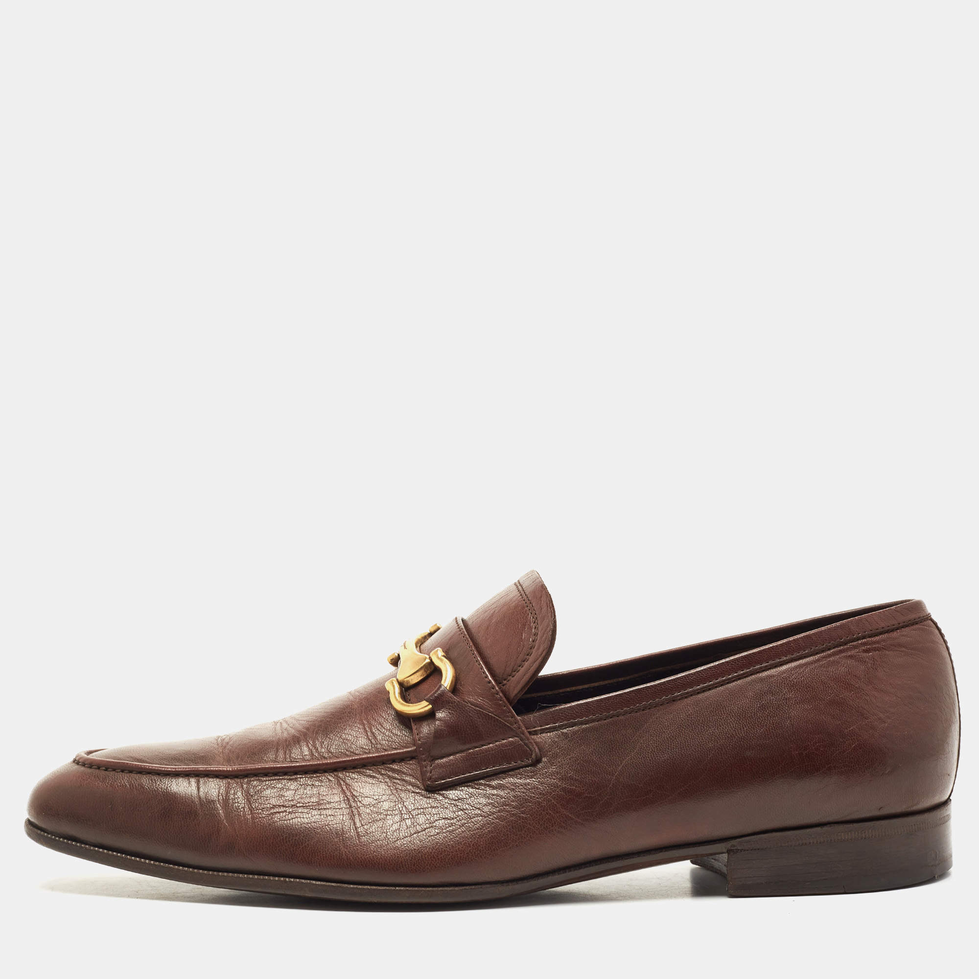 مملوكة مسبقًا Salvatore Ferragamo Brown Leather Horsebit Slip On Loafers Size 44