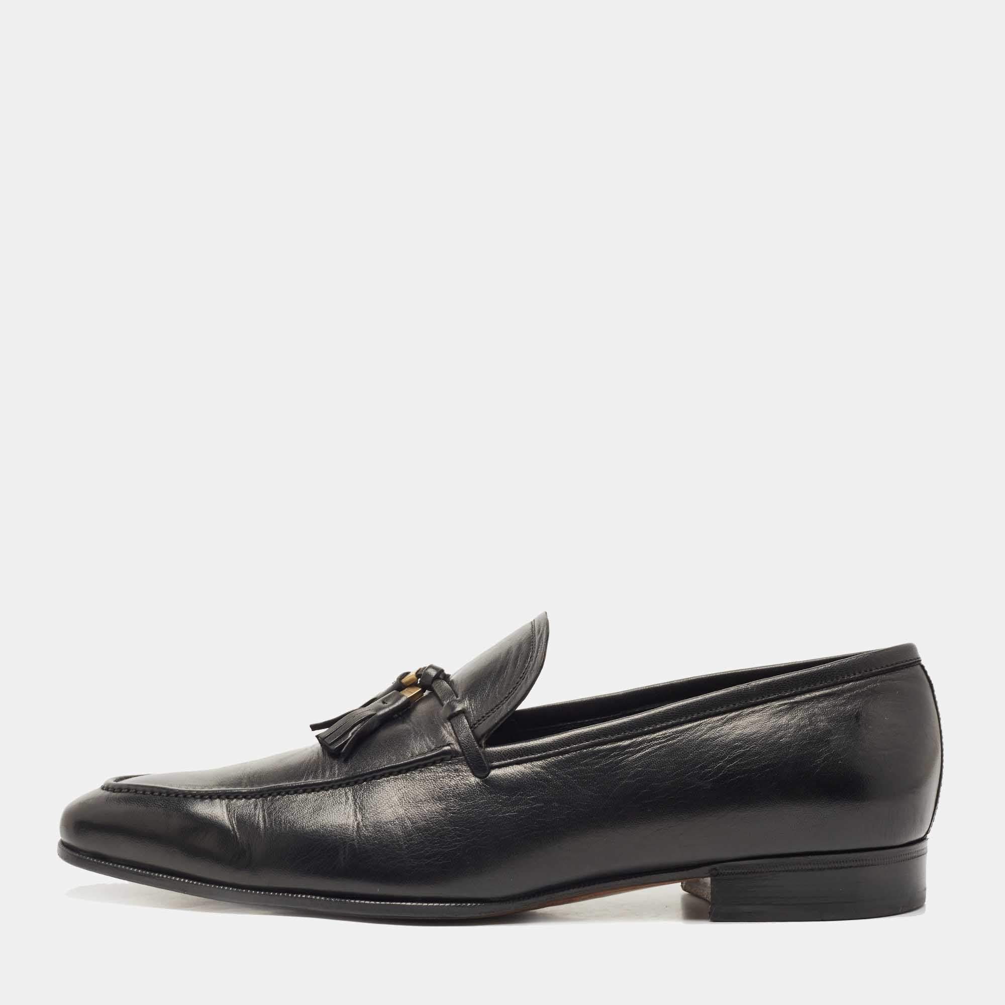 مملوكة مسبقًا Salvatore Ferragamo Black Leather Tassel Slip On Loafers Size 44