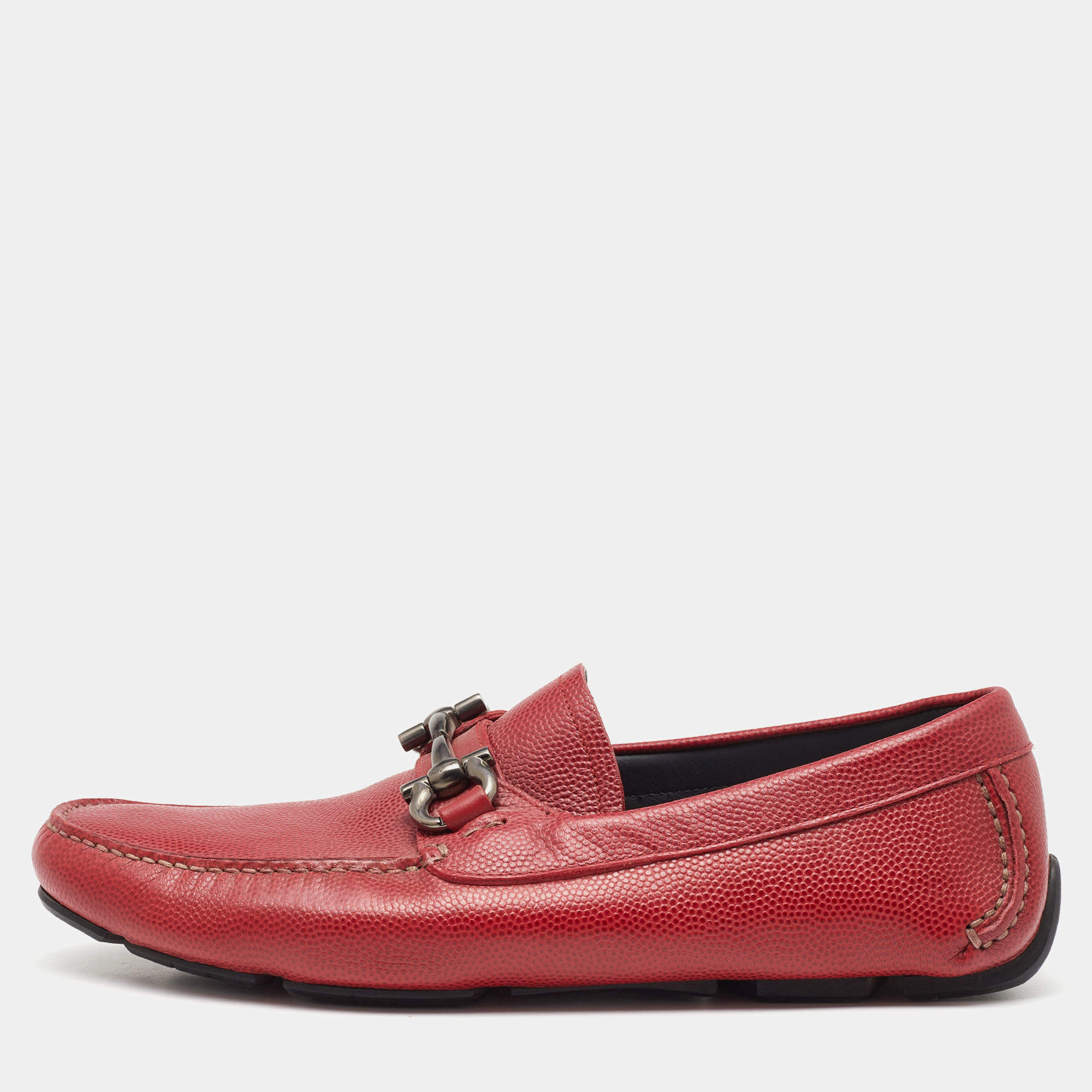 Pre Owned Salvatore Ferragamo Red Textured Leather Gancini Loafers Size 41