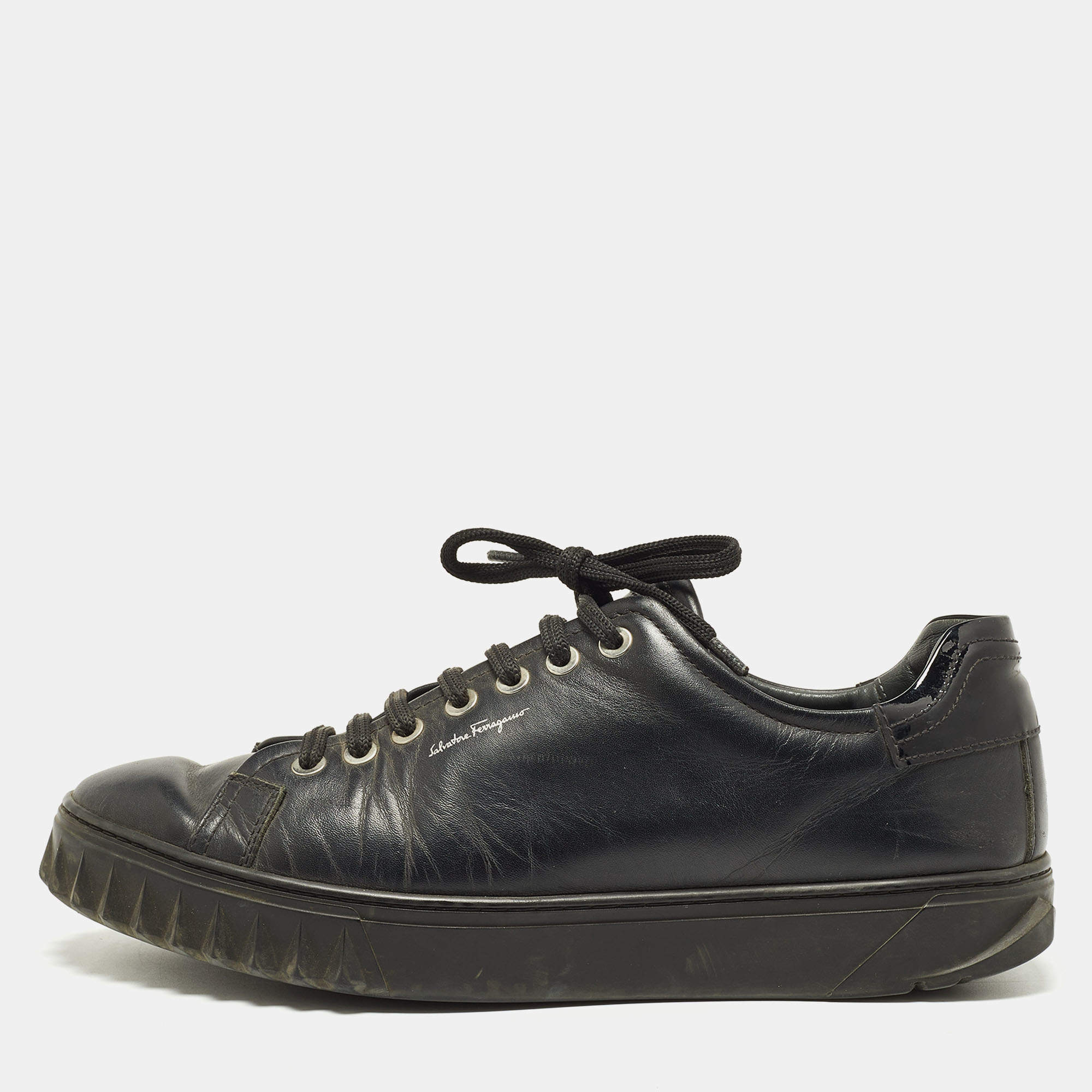 Pre Owned Salvatore Ferragamo Black Leather Low Top Sneakers Size 41.5