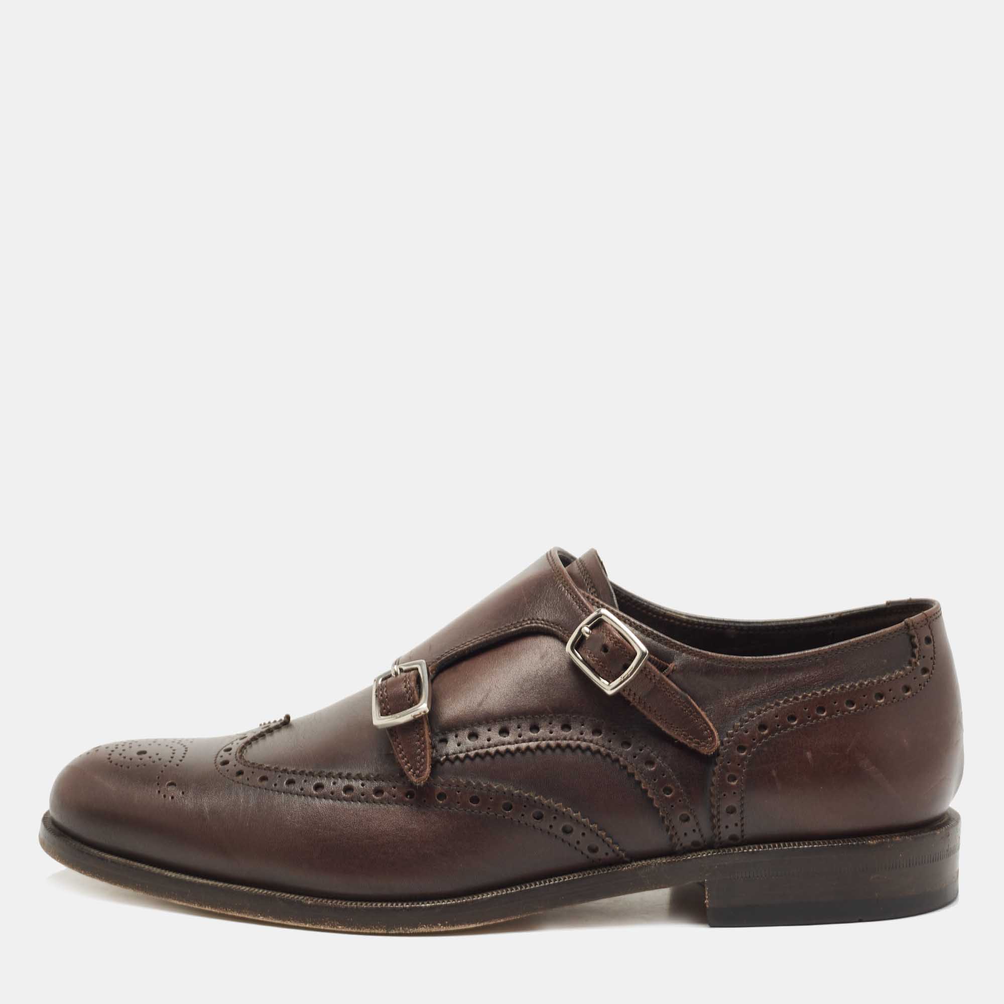 Pre Owned Salvatore Ferragamo Brown Brogue Leather Monk Derby Size 42