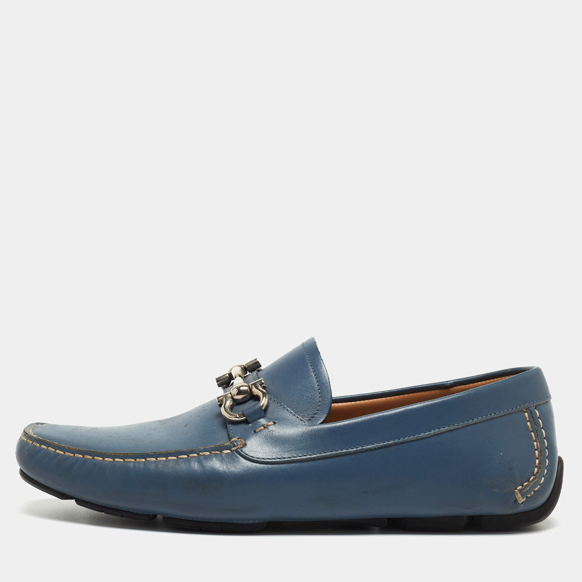 Pre Owned Salvatore Ferragamo Blue Leather Parigi Gancini Loafers Size 42.5