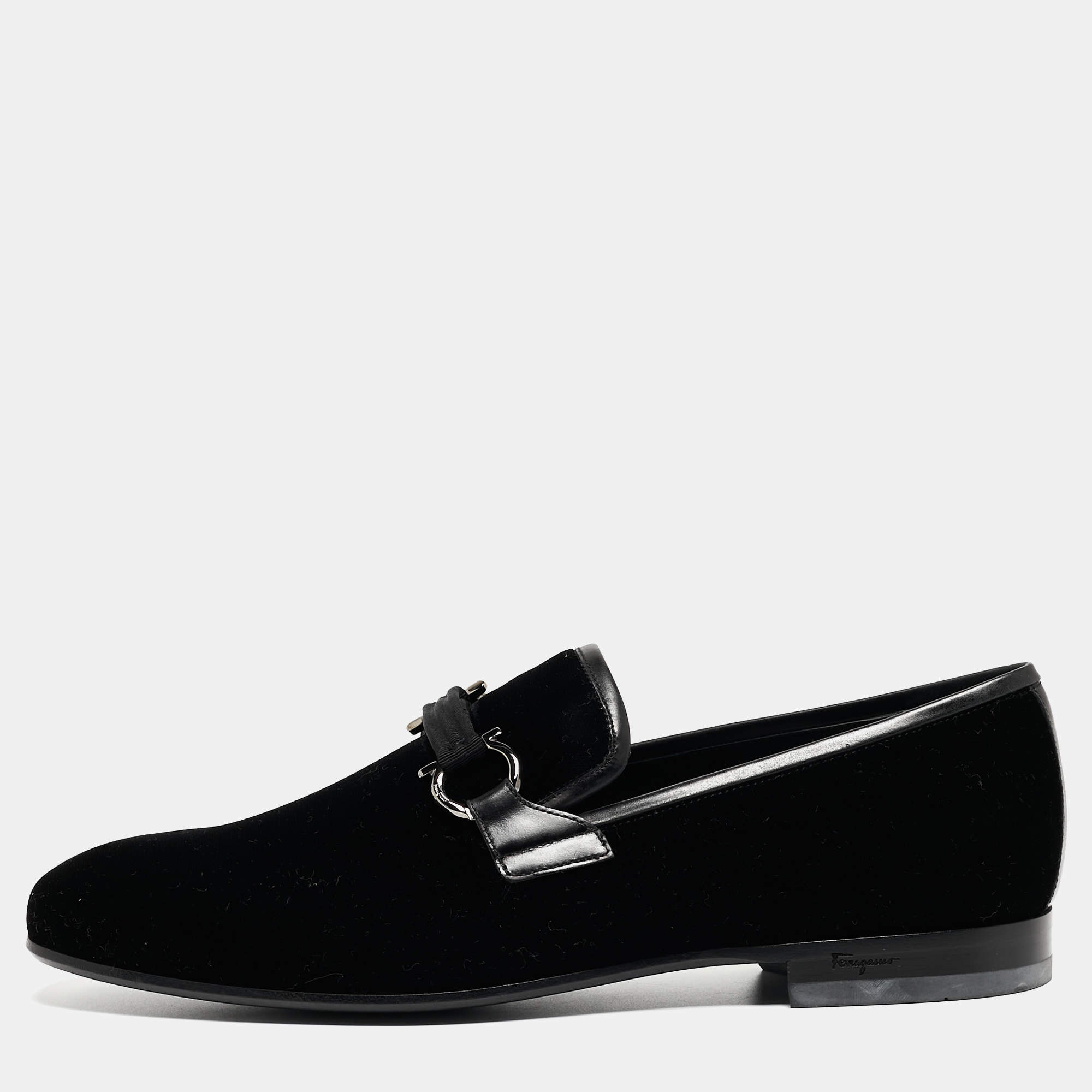 Pre Owned Salvatore Ferragamo Black Velvet and Leather Gancini Slip On Loafers Size 43