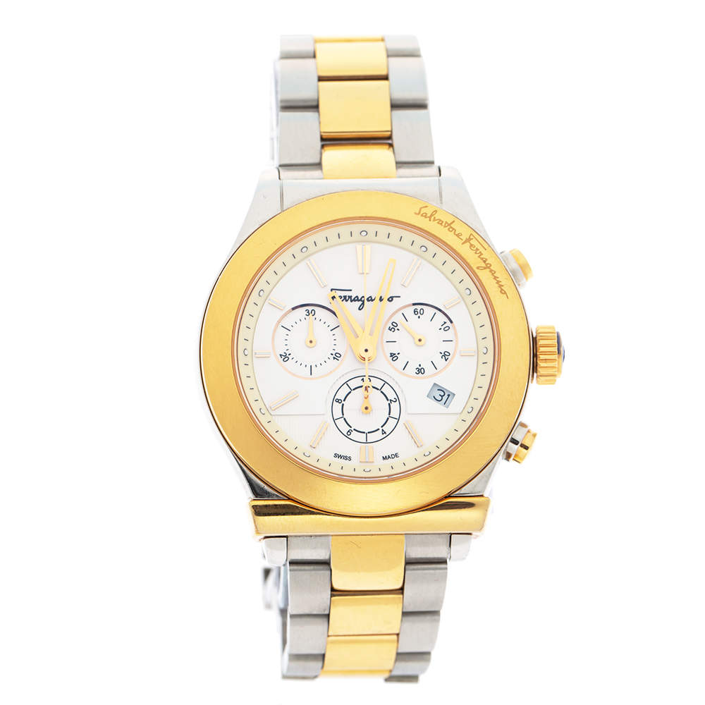 Pre Owned Salvatore Ferragamo White Two-Tone Stainless Steel 1898 Series F78LCQ9501 Men's Wristwatch 42 mm