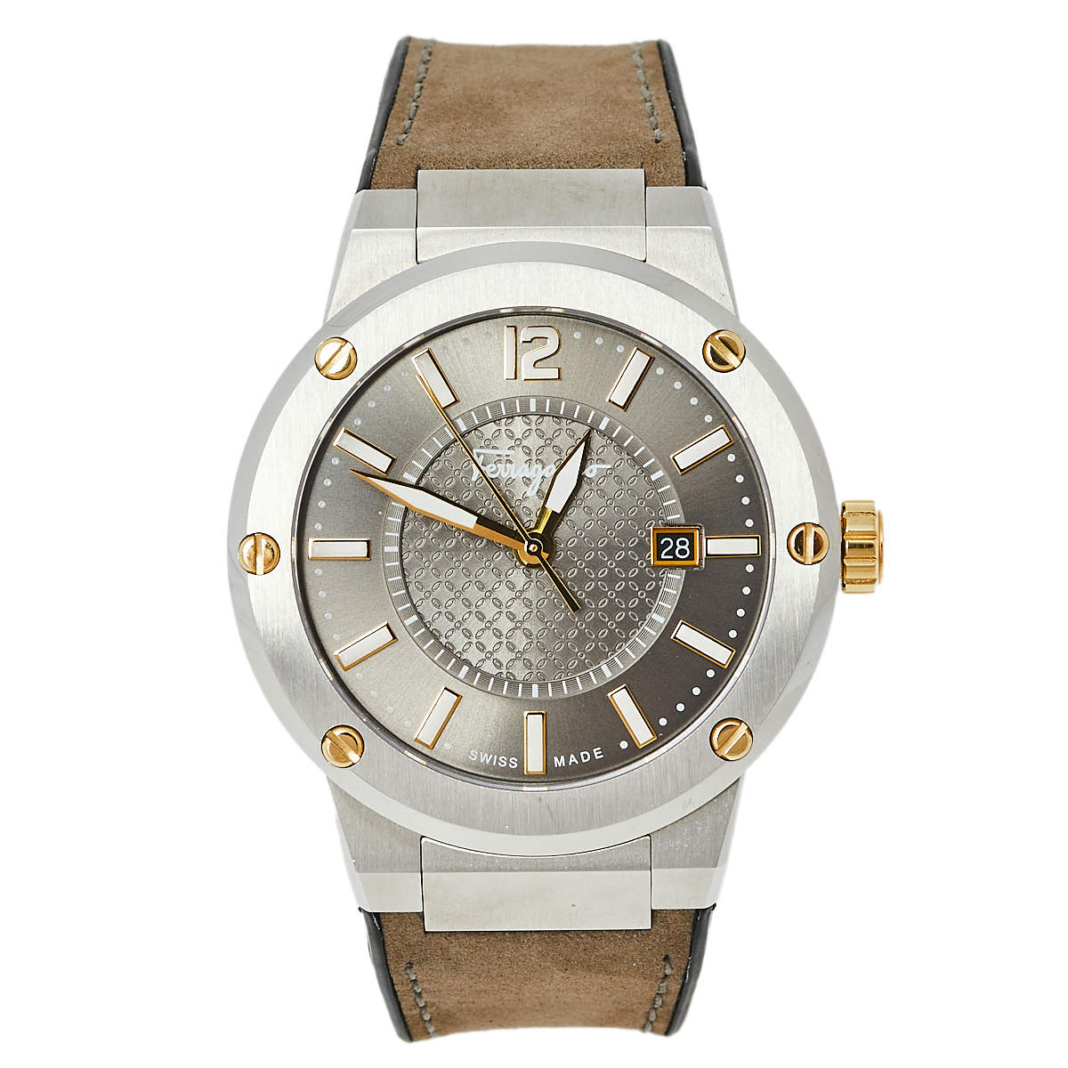 Pre Owned Salvatore Ferragamo Two-Tone Stainless Steel Leather F-80 FIF070016 Men's Wristwatch 44 mm