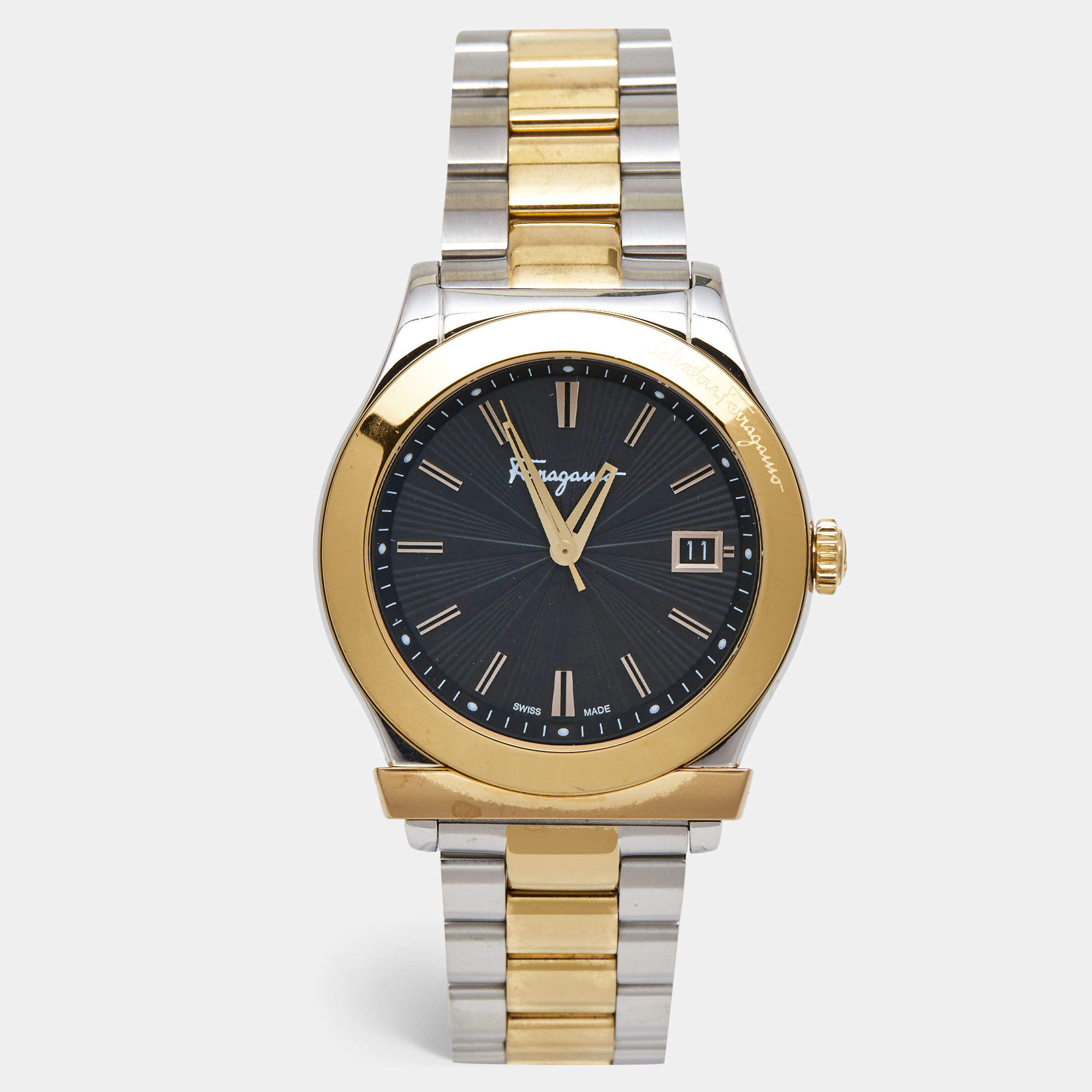 Pre Owned  Salvatore Ferragamo Black Two-Tone Stainless Steel 1898 F62LBQ9509S095 Men's Wristwatch 39 mm