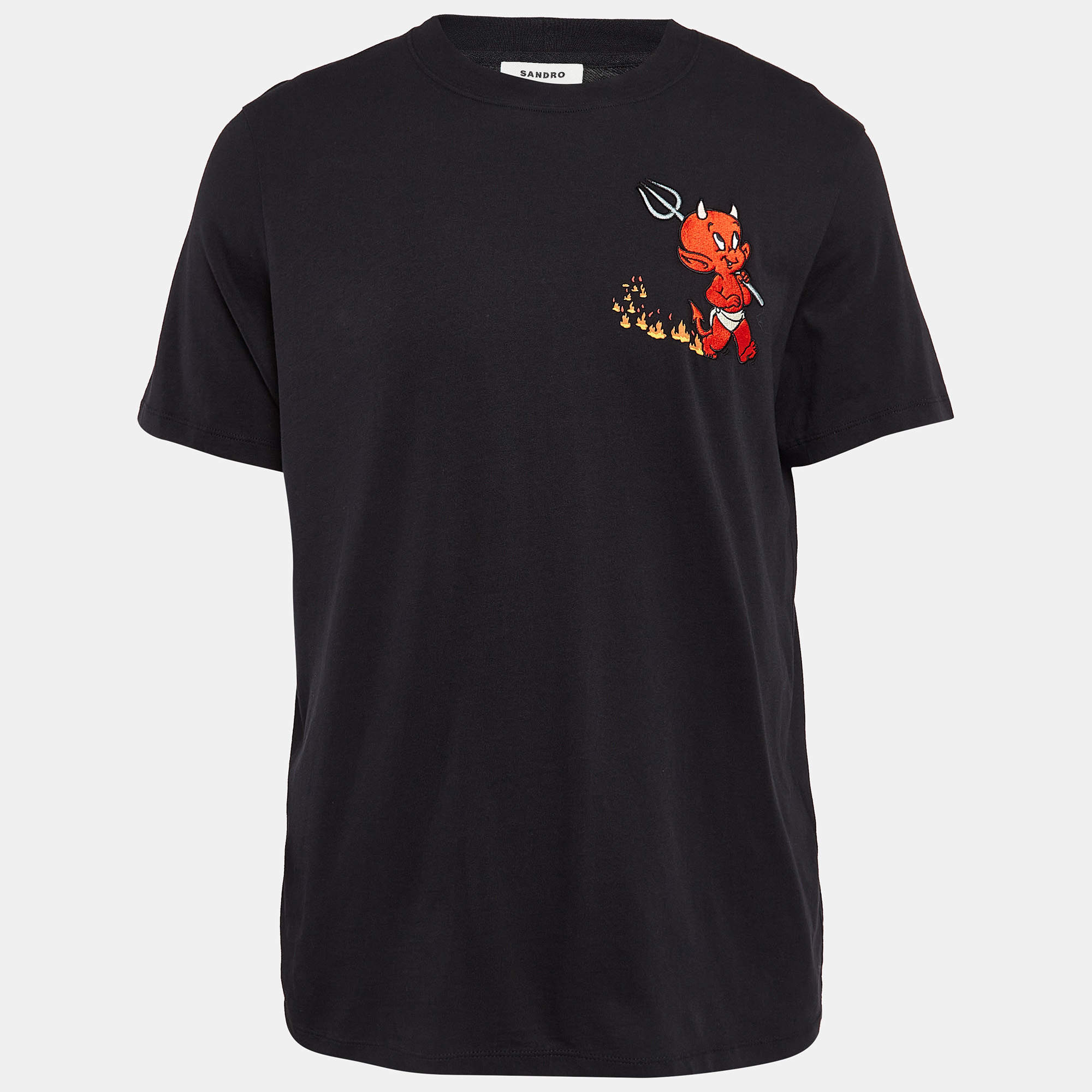 Sandro x Hot Stuff Black Embroidered Crew Neck T-shirt L