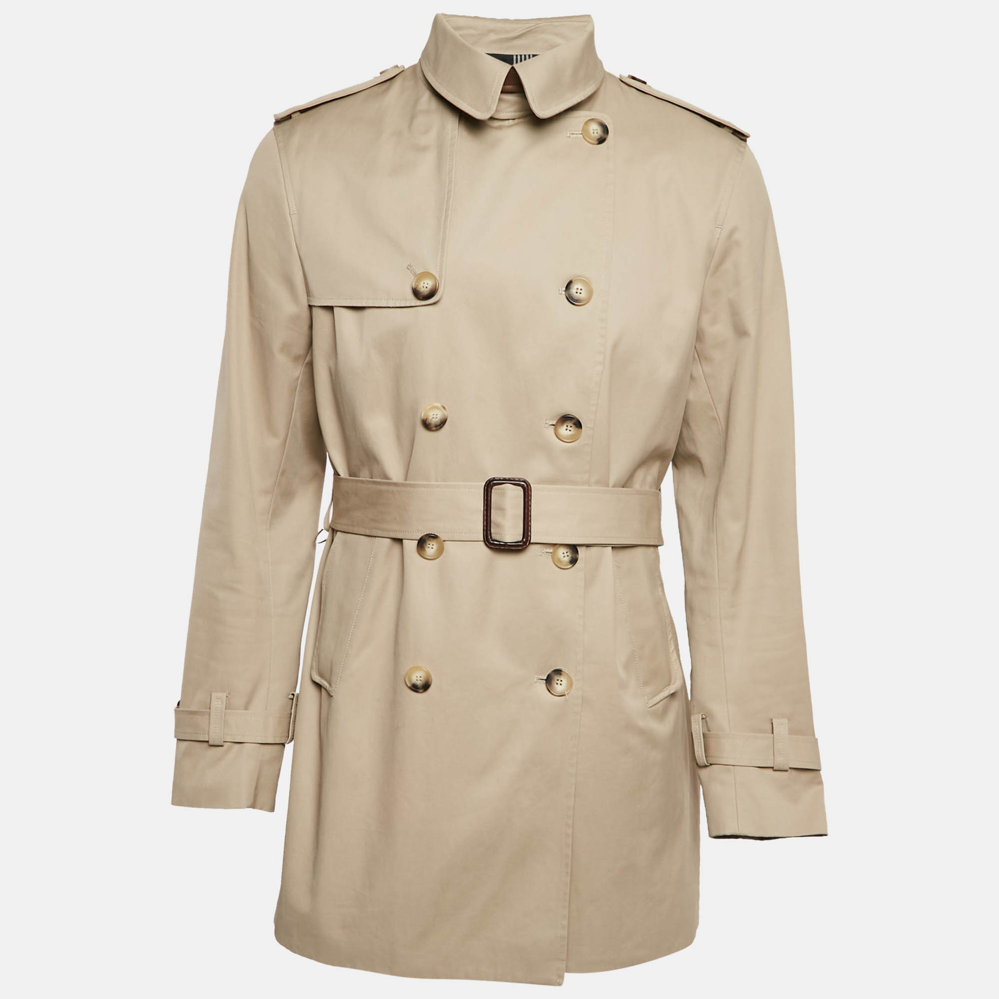 Pre Owned Sandro Beige Gabardine Cotton Long Double Breasted Trench Coat XL