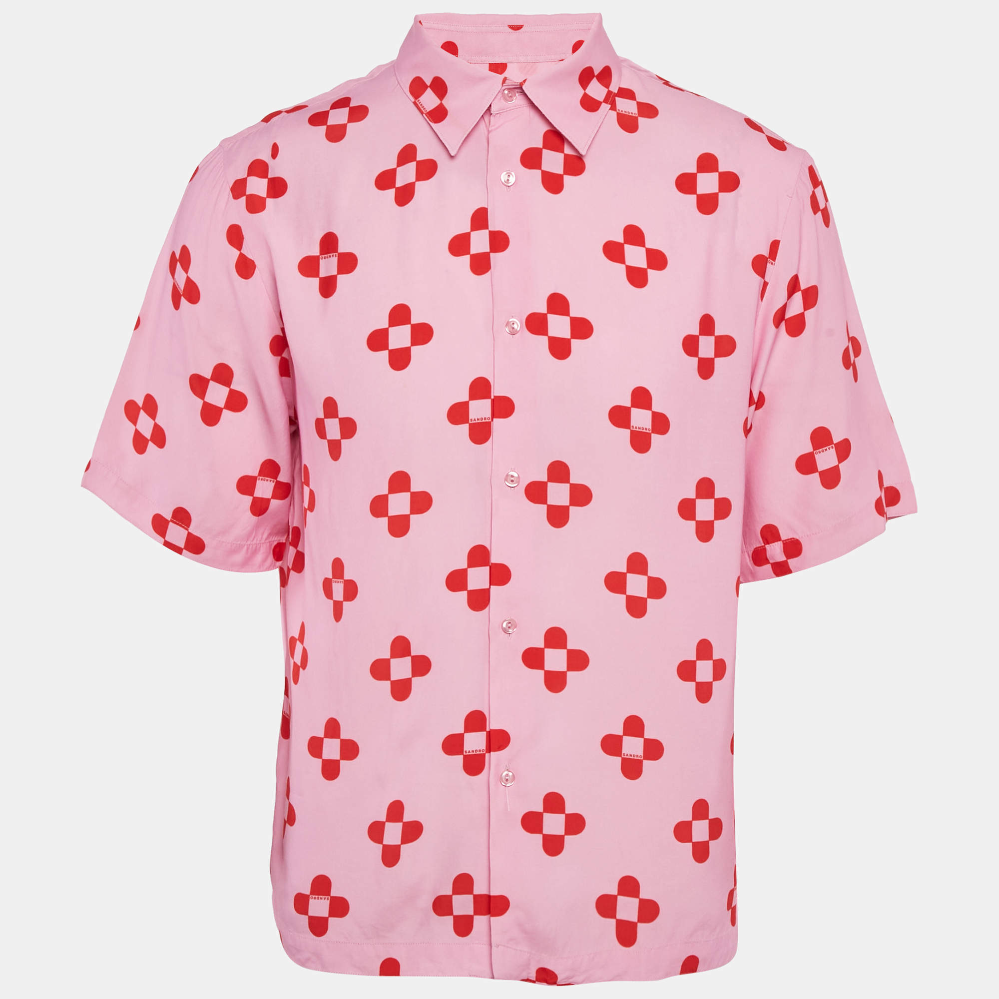 Sandro Pink Floral Print Crepe Short Sleeve Shirt M